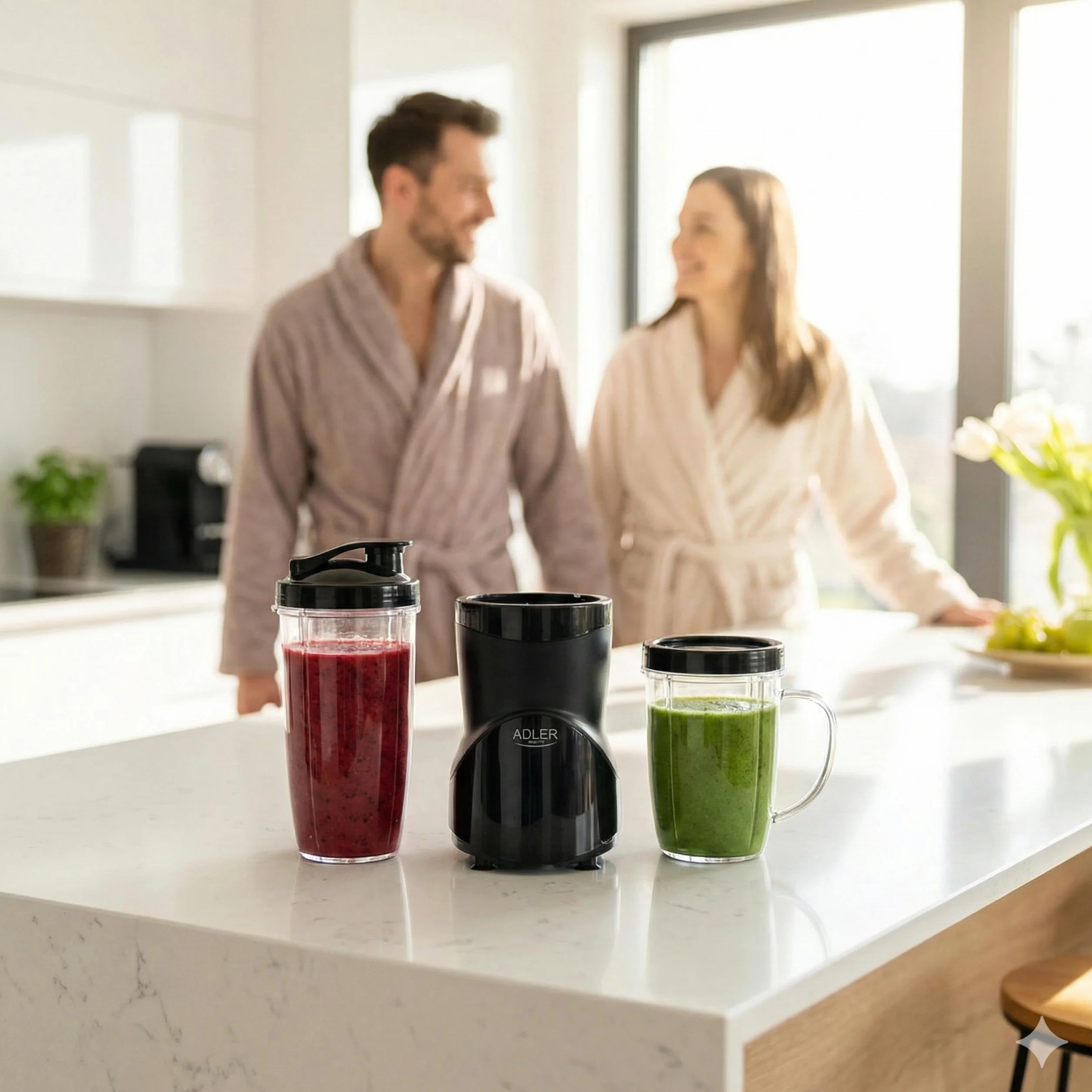 ADLER EUROPE Blender kielichowy, blender do smoothie i do koktajli, mikser personalny, kruszy lód, 1200W, wolne od BPA, 3 bidony i kubek, ostrza ze stali nierdzewnej z 4 nożami i z 2 nożami