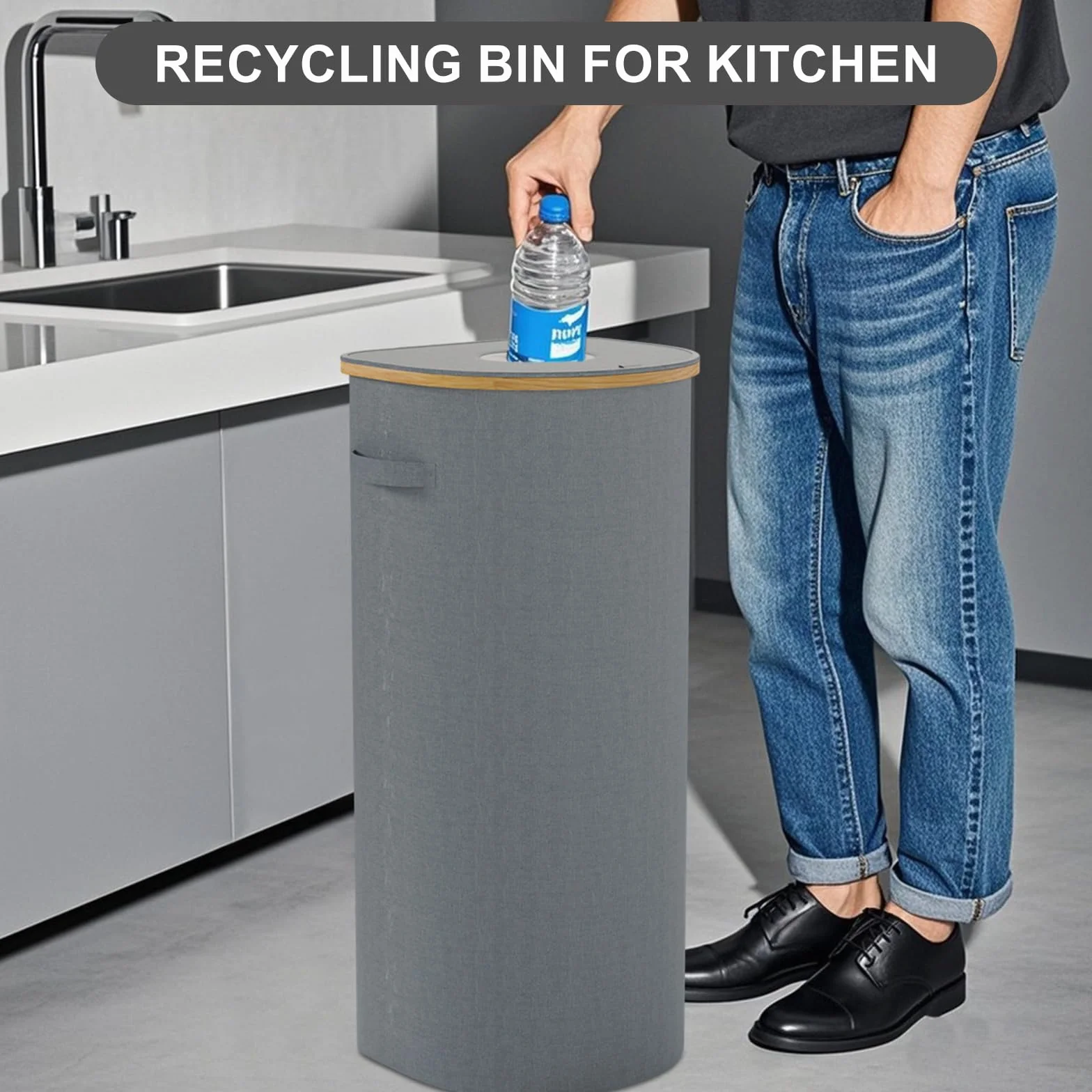Szary Kosz do Recyklingu 120L z Pokrywką, Duży Pojemnik na Odpady i Butelki