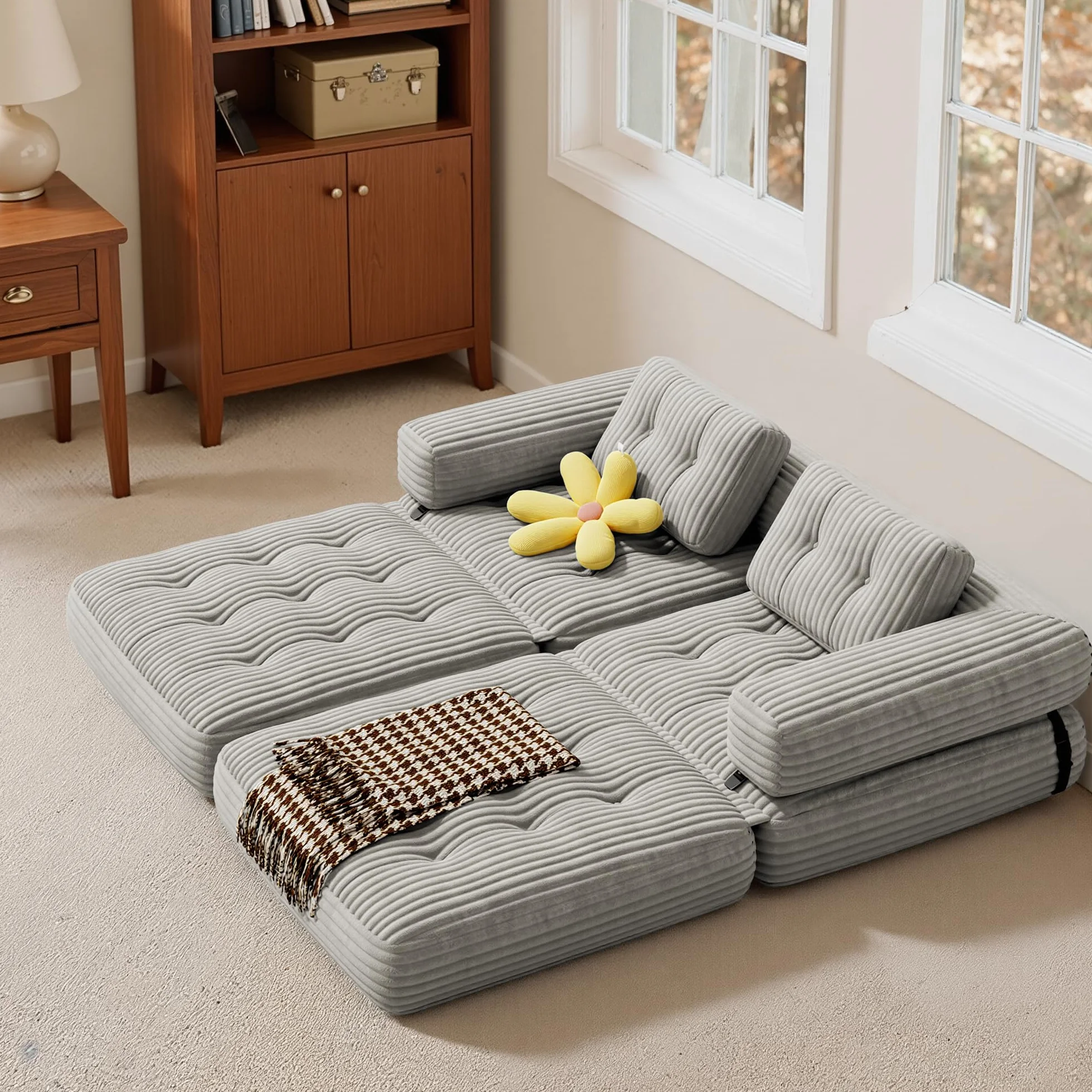 Xbro Składana sofa z podłokietnikiem w kształcie litery L, składany fotel 2 w 1 przenośny do małych przestrzeni, sztruksowa tkanina z wypełnieniem piankowym, 190 x 85 cm rozłożony (jasnoszary)