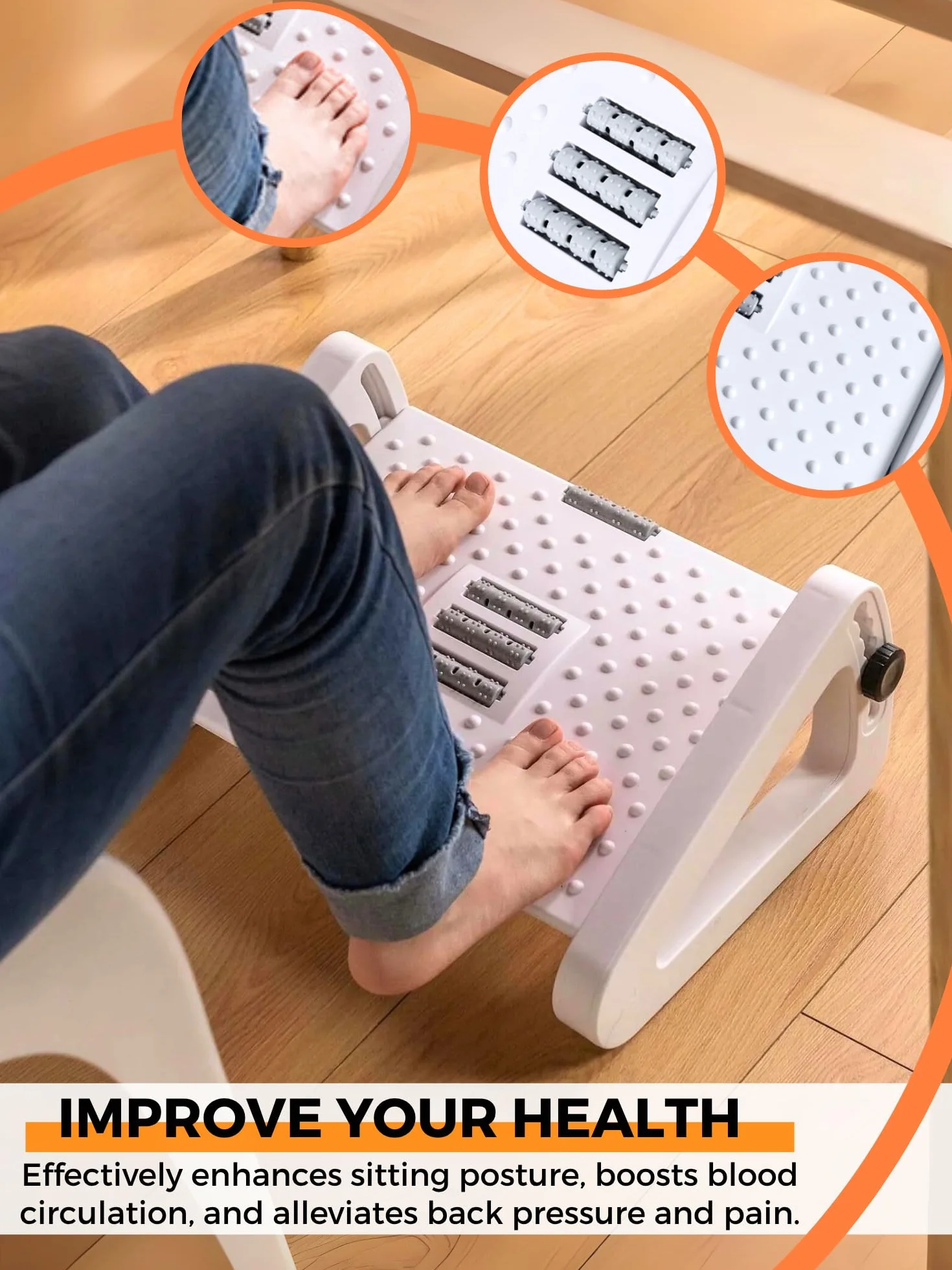 Ergonomiczny podnóżek, regulowany pod biurkiem z funkcją masażu, antypoślizgowy, poprawia postawę i krążenie, idealny do pracy i domu