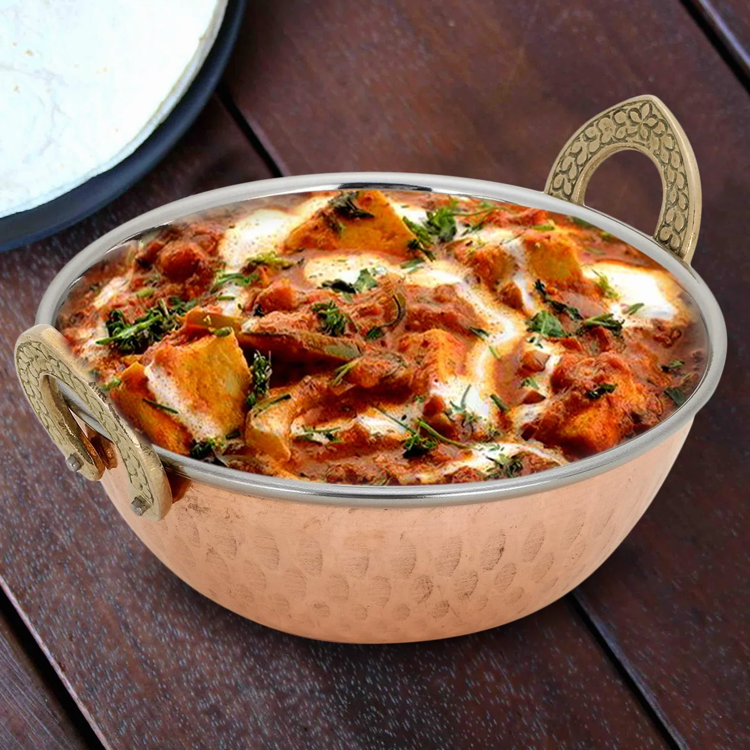 Zap Impex Indyjskie naczynie do serwowania, miedź i młotkowana stal nierdzewna Karahi do indyjskich potraw i curry, zestaw 2 sztuk, średnica 19 cm, srebro 8904295400458