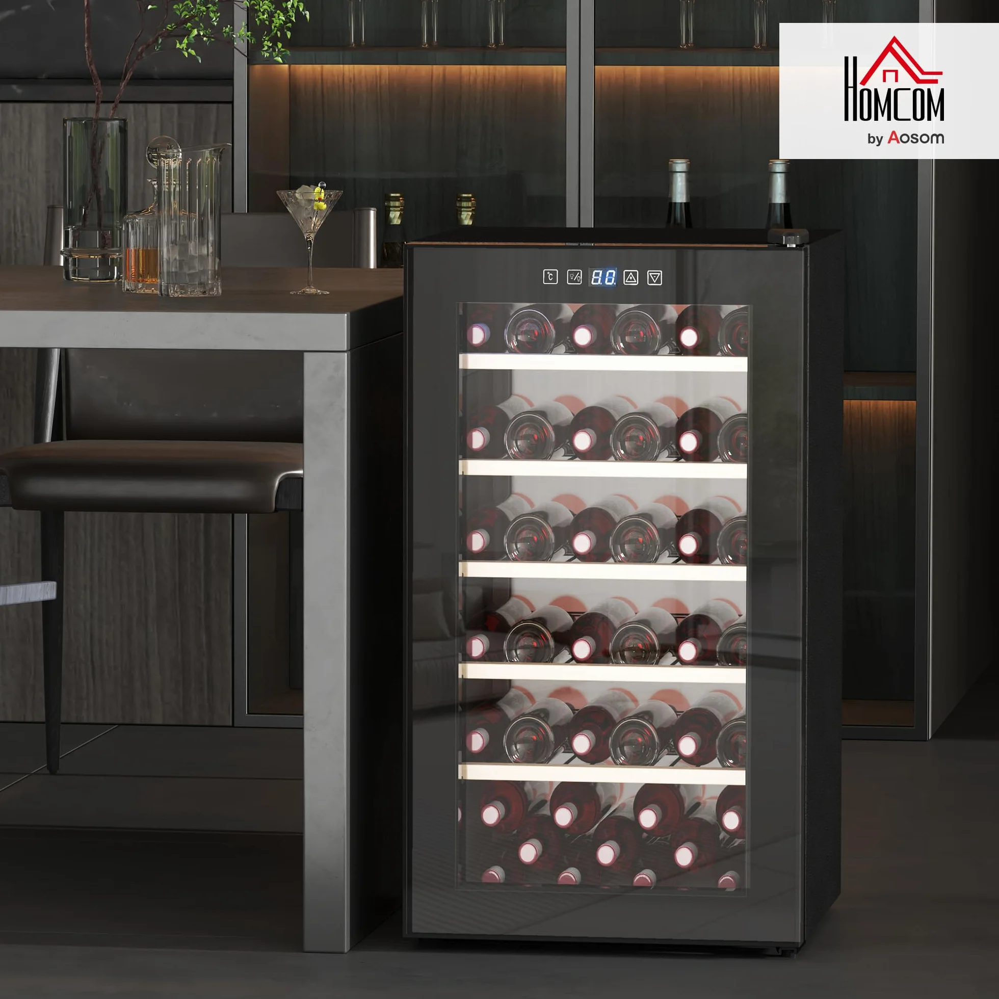 Lodówka na wino 91L, szklane drzwi, wyświetlacz LED, dotykowy