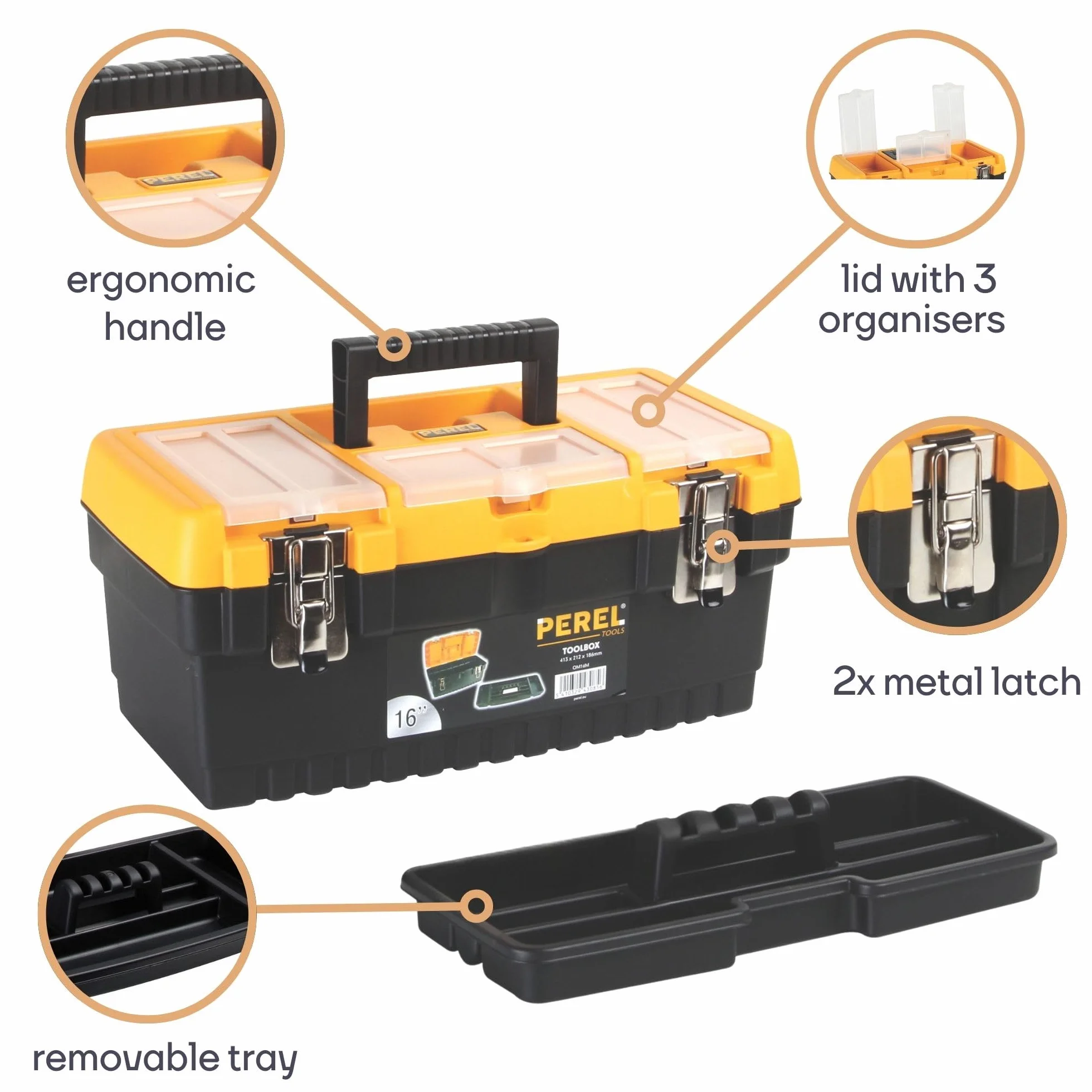 Perel Skrzynka narzędziowa 16,2L z wyjmowaną tacką i 3 organizerami w pokrywie, plastikowa toolbox z metalowymi zatrzaskami i składaną rączką, walizka na narzędzia 41,3 x 21,2 x 18,6 cm