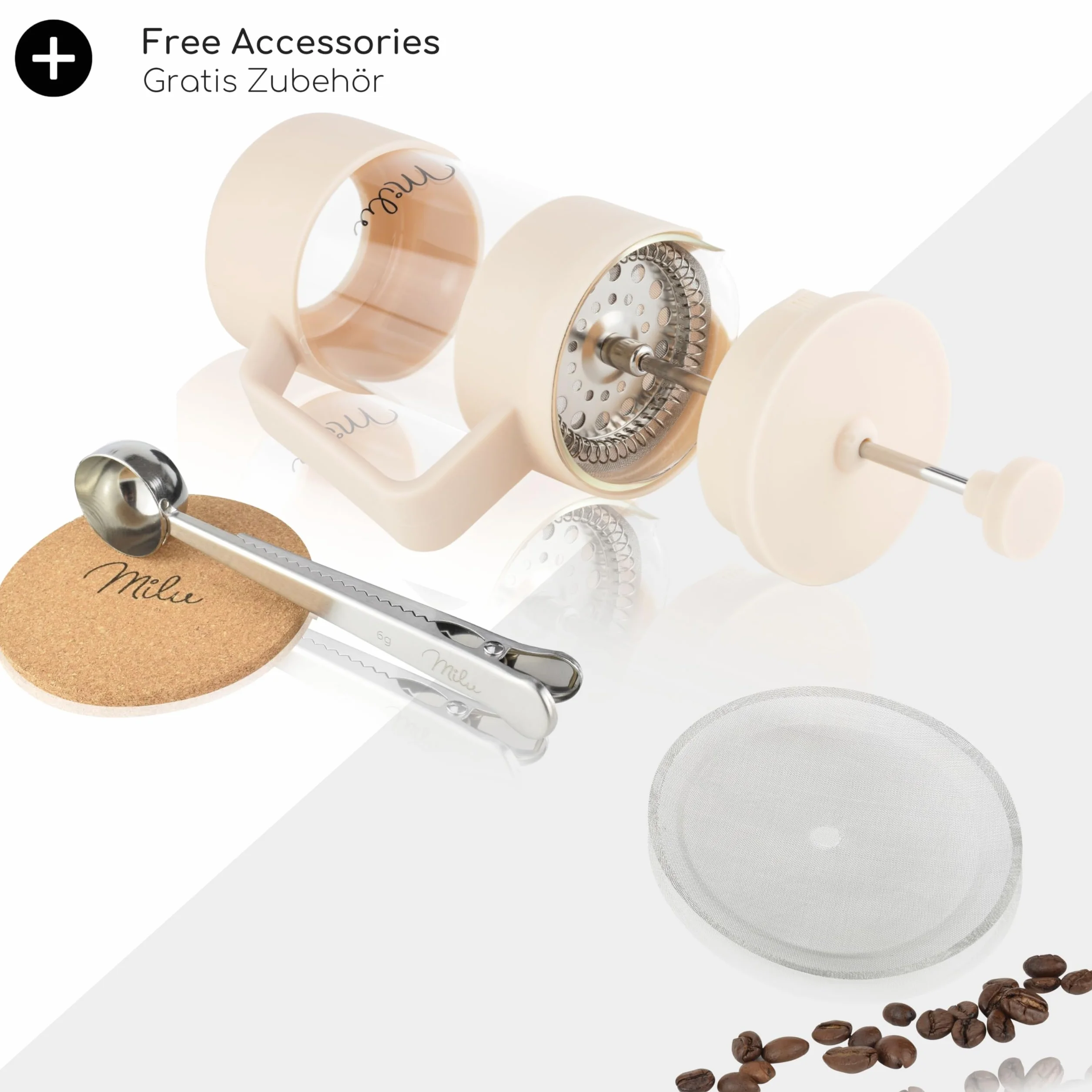 Milu French Press ekspres do kawy, 350 ml, 600 ml, 1 l, szklany ekspres do kawy, do domu, podróży, na kemping, w zestawie podstawka, łyżka, filtr zastępczy (beżowy, 350 ml (2 filiżanki)