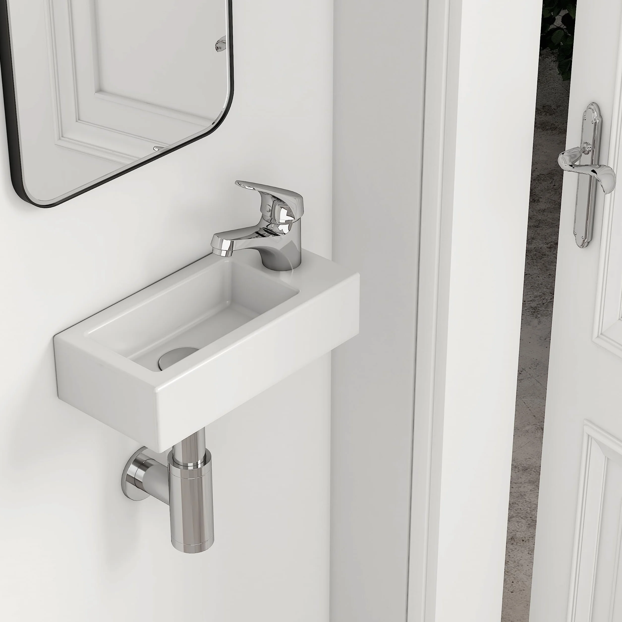 EMKE Umywalka – mini umywalka wisząca do łazienki i WC dla gości – 36 × 18 × 9 cm – wysokiej jakości ceramiczna umywalka – prostokątna, z otworem na armaturę, prawa – biała