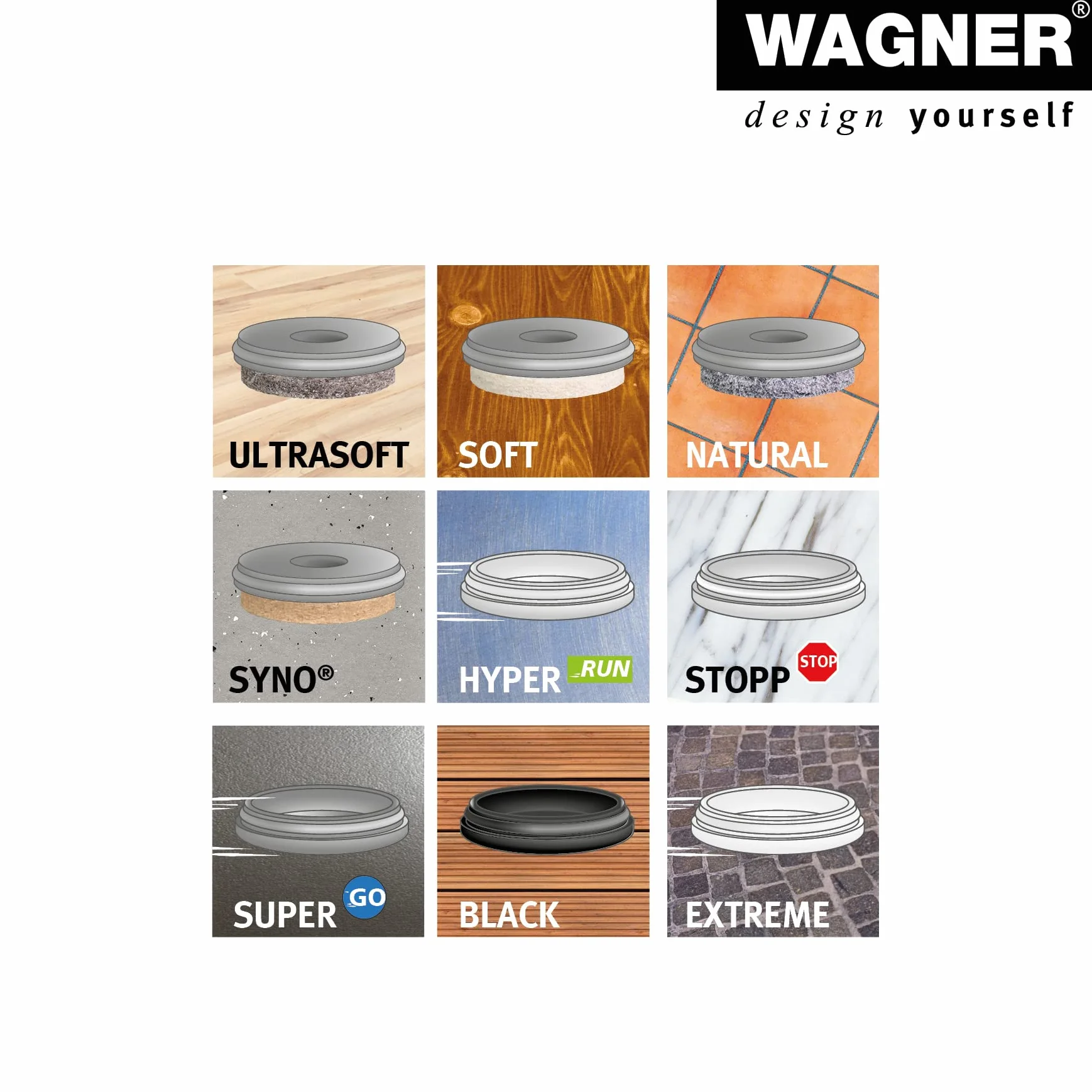 Wagner QuickClick® ślizgacze z tworzywa sztucznego – zestaw 4 nakładanych podstawek i 4 wymienne wkładki ślizgowe – tworzywo sztuczne Hyper – Ø 30 do krzeseł Vitra DSR DAR DKR – Made in DE – 16780100