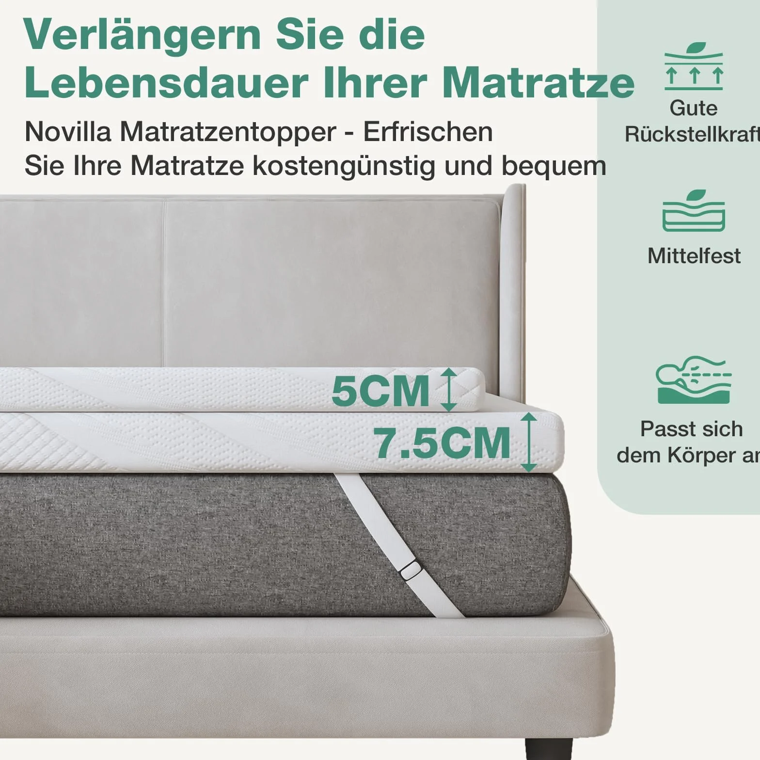 Novilla Materac nawierzchniowy 140 x 190 cm, wysokość 5 cm, nakładka żelowa z pianki z pamięcią kształtu, nakładka na łóżko kontynentalne, do przyczepy kempingowej, sofy do spania, poszewka nadaje się