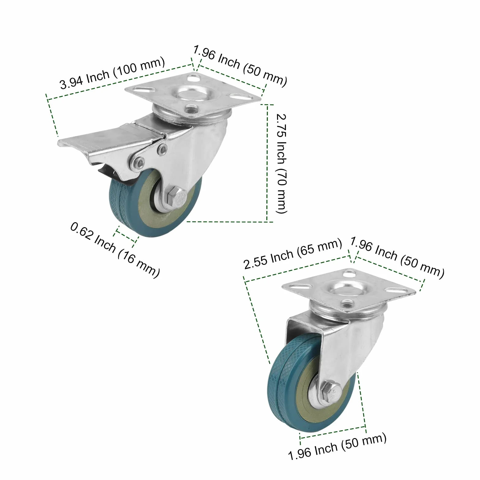 PINGEUI Zestaw 8 kółek do mebli 50 mm, obracane o 360°, kółka meblowe do dużych obciążeń, łożyska kulkowe, zestaw kółek do transportu mebli, nośność 35 kg na kółko, 4 kółka hamulcowe, 4 kółka