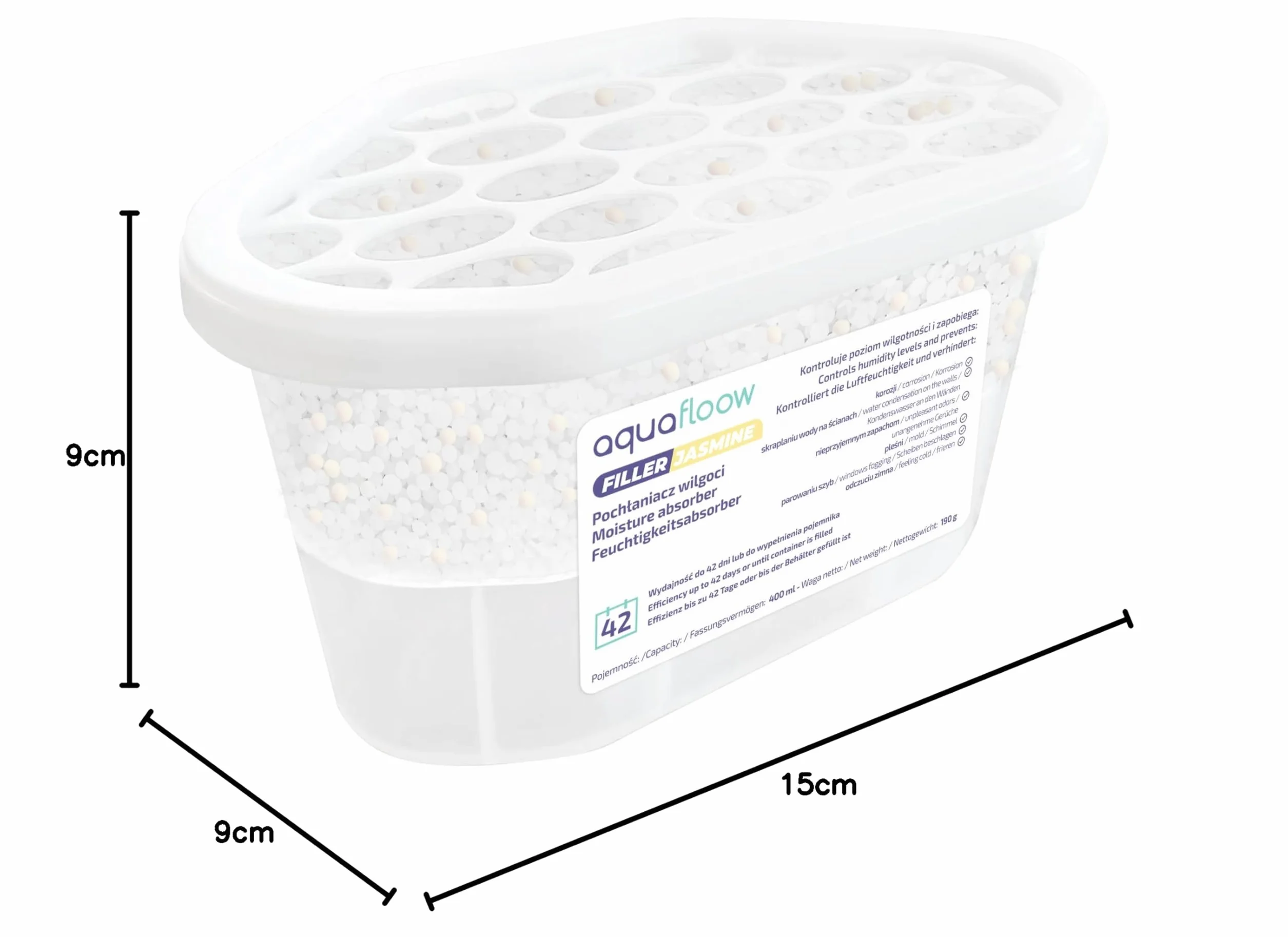 Aquafloow Osuszacz Pokojowy 400 ml, Redukuje Wilgotność, 6 Sztuki Granulki JASMINE | Neutralizator Zapachów, Pochłaniacz Wilgoci do Kuchni, Szafki, Łazienki i Gabinetu