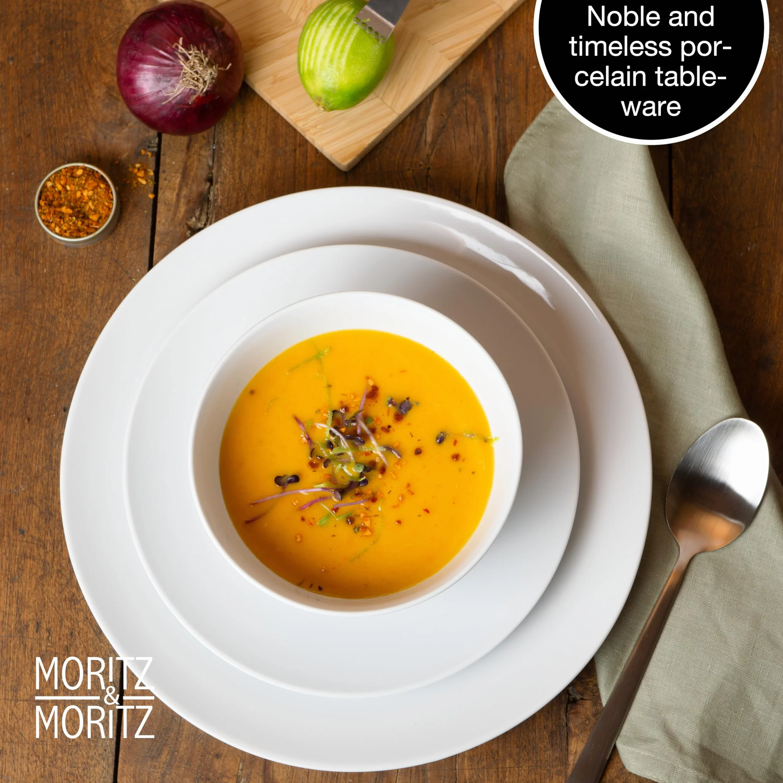 Moritz & Moritz BASIC 18-częściowy zestaw naczyń dla 6 osób, nowoczesny – z wysokiej jakości porcelany w klasycznej bieli – składający się z 6 talerzy obiadowych, 6 talerzy deserowych i 6 miseczek