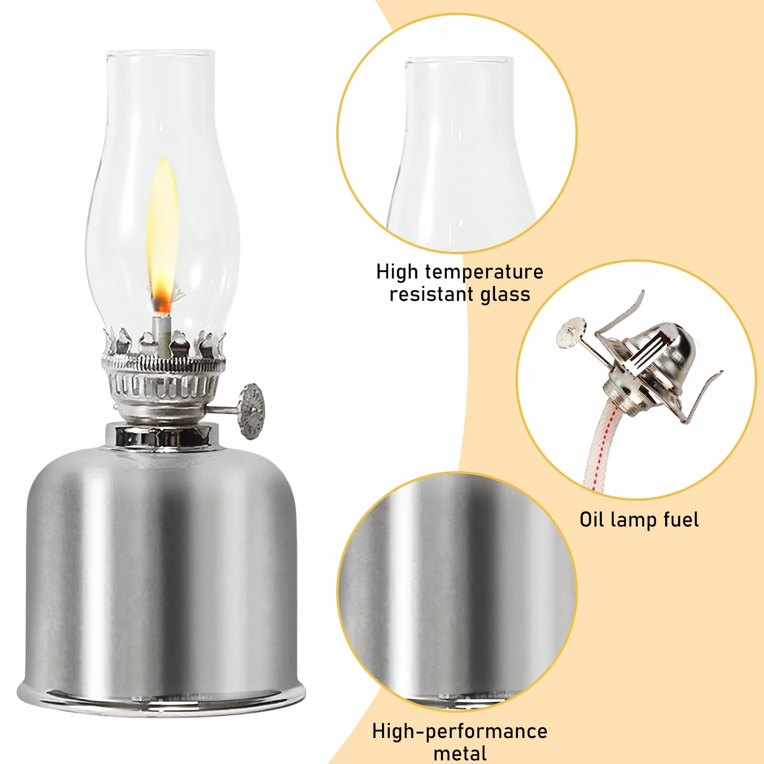 Lampa naftowa do wnętrz, metalowo-szklana, do wnętrz, wiatroszczelna, retro, regulowana jasność, do użytku w nagłych wypadkach, do ogrodu, jadalni, srebrna