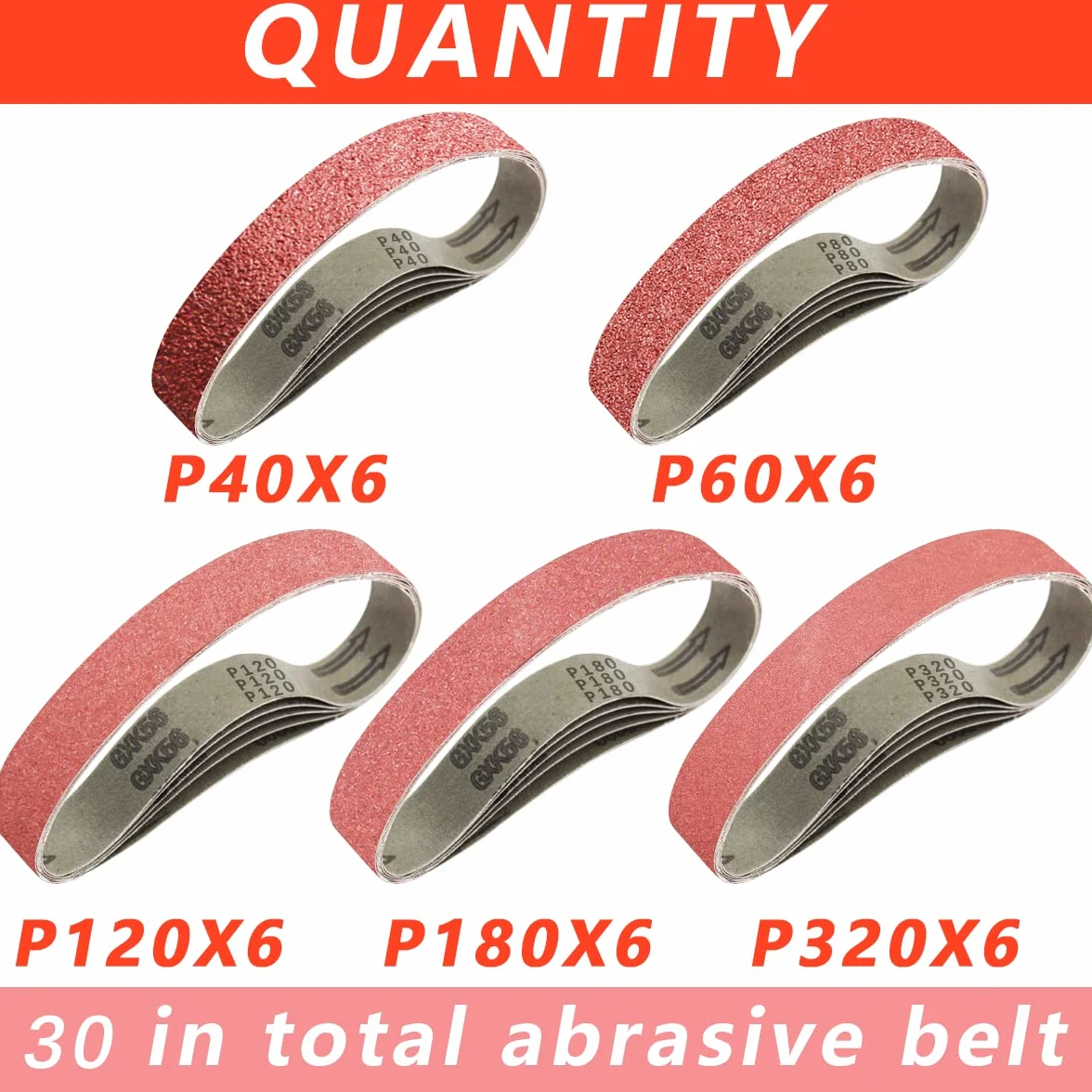 FEIHU Taśmy szlifierskie z tlenku glinu, 20 x 520 mm, 5 różnych ziarnistości, po 6 x 40/80/120/180/320, zestaw taśm szlifierskich, do szlifierek taśmowych, metalu, drewna (30 sztuk)