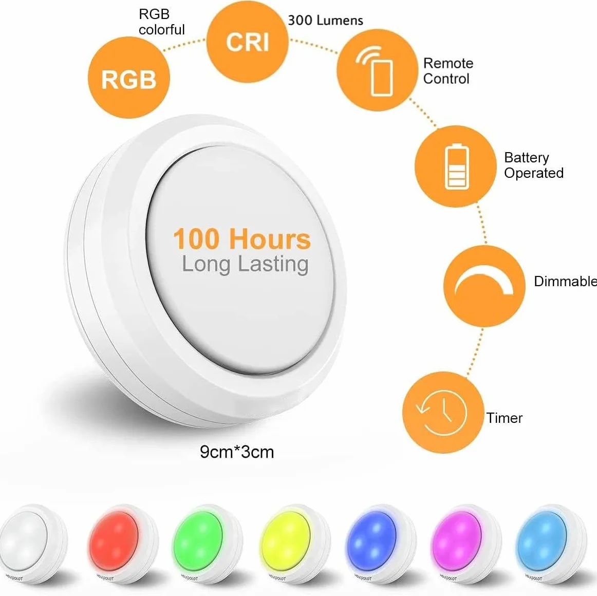 Światła krążkowe RGB, oświetlenie podszafkowe, bezprzewodowe światła LED, zasilane bateryjnie, oświetlenie podszafkowe, ściemniane, RGB lampka nocna z pilotem zdalnego sterowania, do szafki