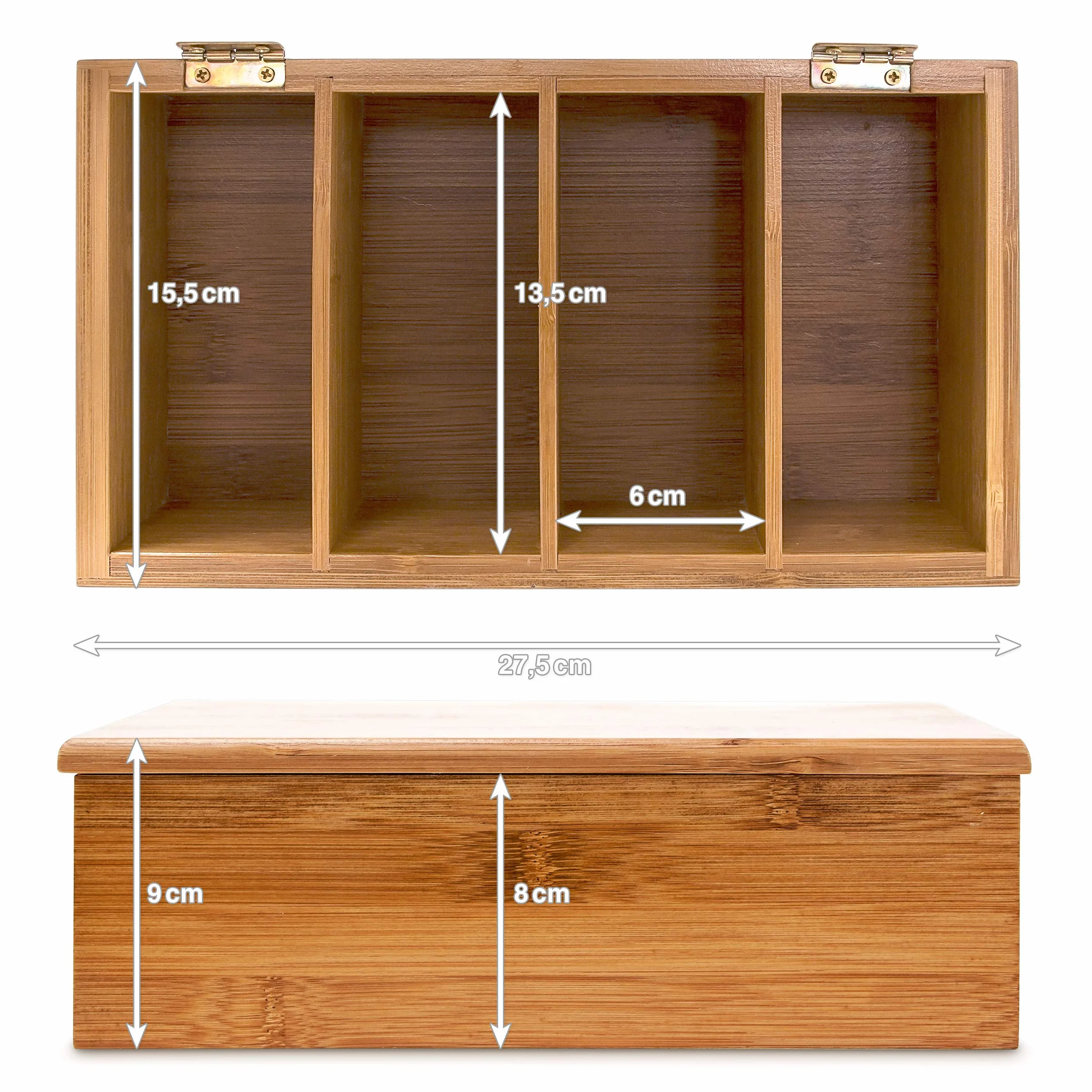 Relaxdays Pudełko na herbatę (wys. x szer. x gł.): 9 x 28,5 x 16 cm, z bambusa, z otwieraną pokrywką, puszka na herbatę z 4 przegródkami, na około 80 torebek herbaty jako pudełko na torebki herbaty i