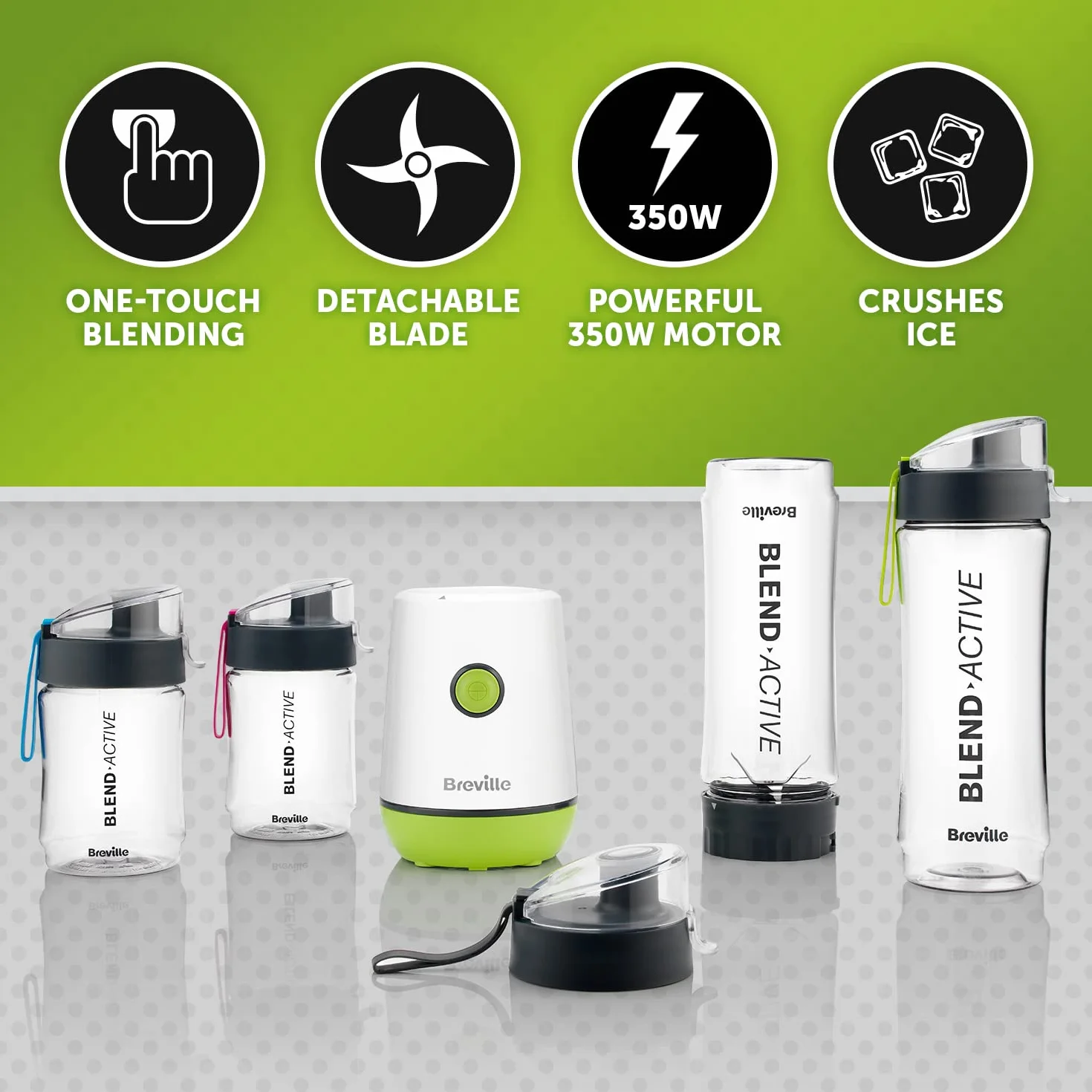 Breville Blend Active Personal Blender & Smoothie Maker | 350 W | Pakiet rodzinny | 4 przenośne butelki z mieszanką aktywnych (300 ml | 600 ml) | szczelne pokrywki | biało-zielone [VBL252]