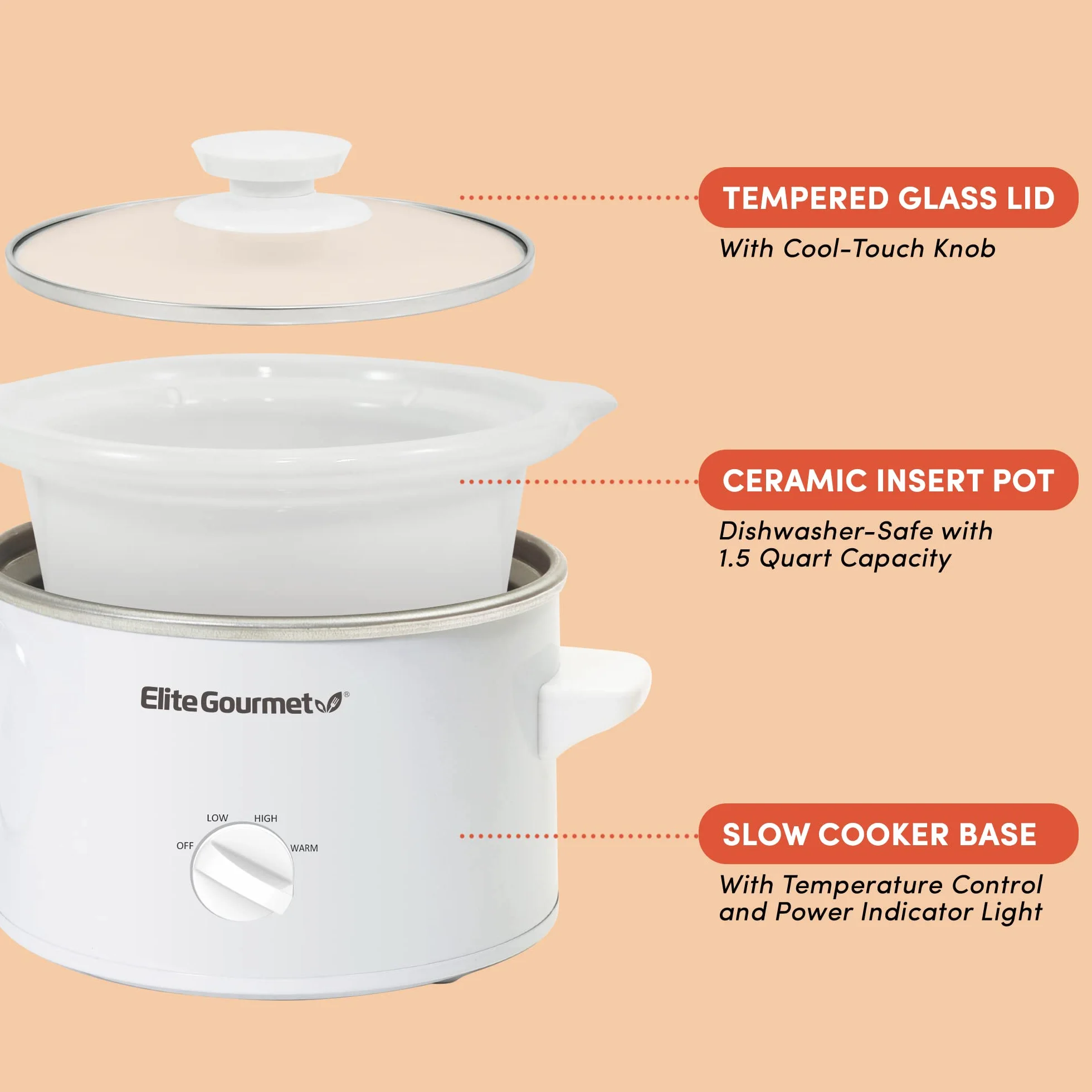 Elite Gourmet MST-250XW# elektryczny garnek ceramiczny, z regulacją temperatury, do przystawek, sosów, zup, smażeń, dań jednogarnkowych i dipów, nadaje się do mycia w zmywarce (1,7 l, biały)