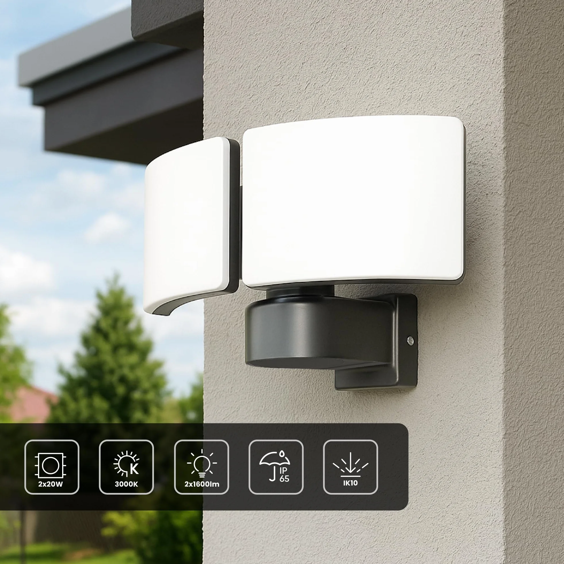 Podwójny Naświetlacz LED - 2x20W - 2x1600lm Barwa Ciepła Biel 3000K Oświetlenie Zewnętrzne Ogród Podjazd Garaż Wysoka Odporność na Warunki Atmosferyczne IP65 IK10 (bez czujnika ruchu)