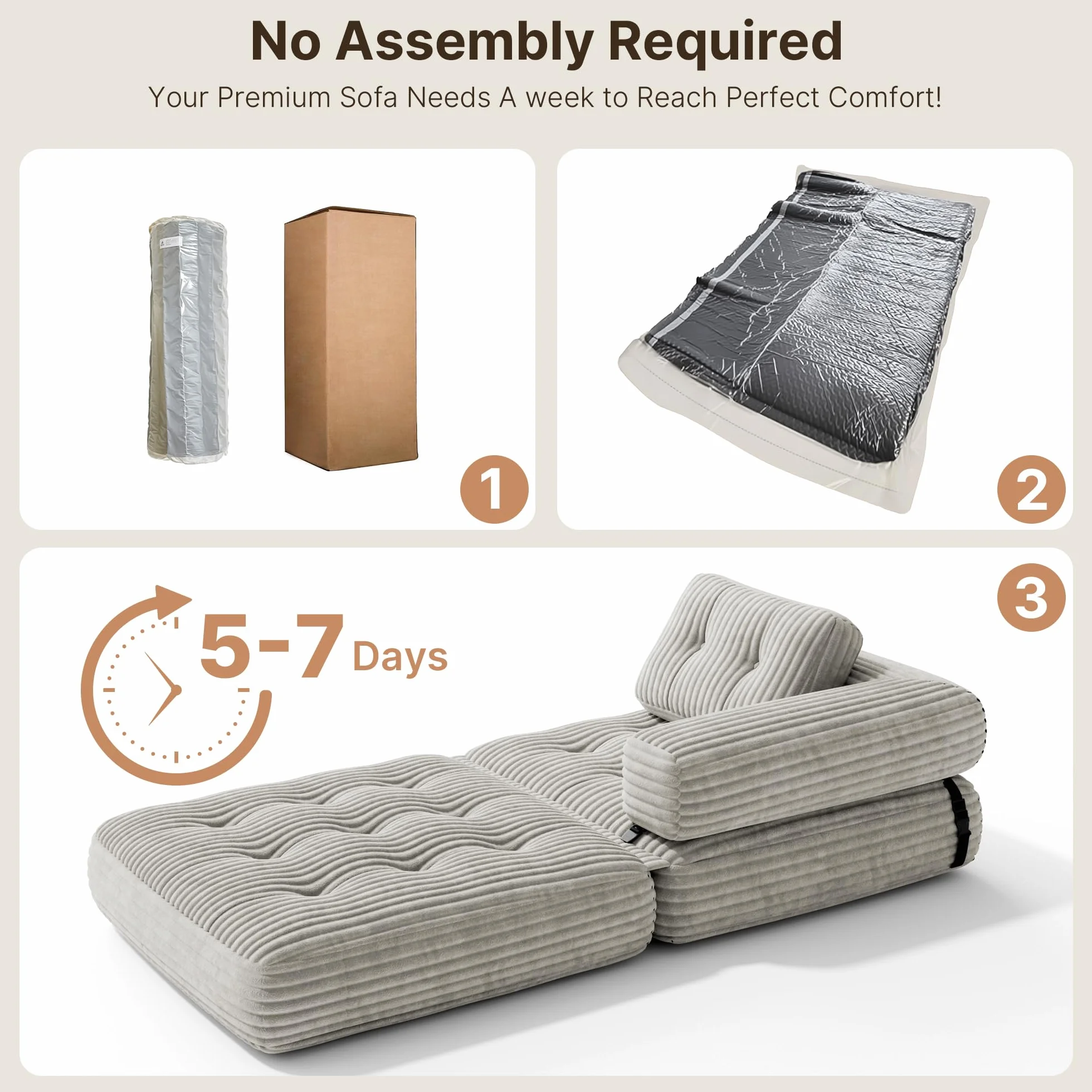 Xbro Składana sofa z podłokietnikiem w kształcie litery L, składany fotel 2 w 1 przenośny do małych przestrzeni, sztruksowa tkanina z wypełnieniem piankowym, 190 x 85 cm rozłożony (jasnoszary)