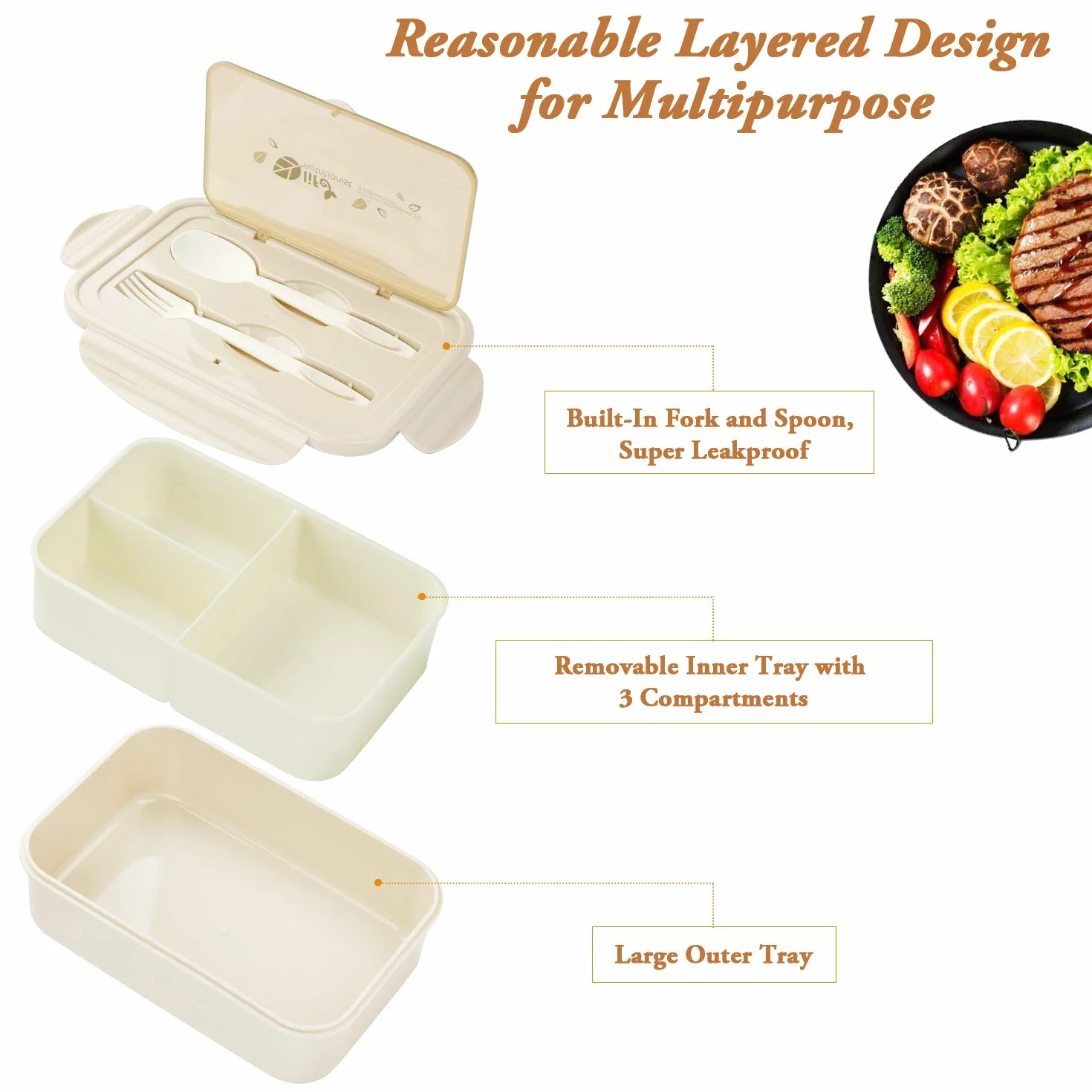 BIBURY Lunch Box, plastikowe pudełko na lunch dla dzieci dorosłych, pudełko na lunch z trzema przegródkami i sztućcami (widelec i łyżka), nie zawiera BPA, do mikrofalówki i zmywarki - Khaki