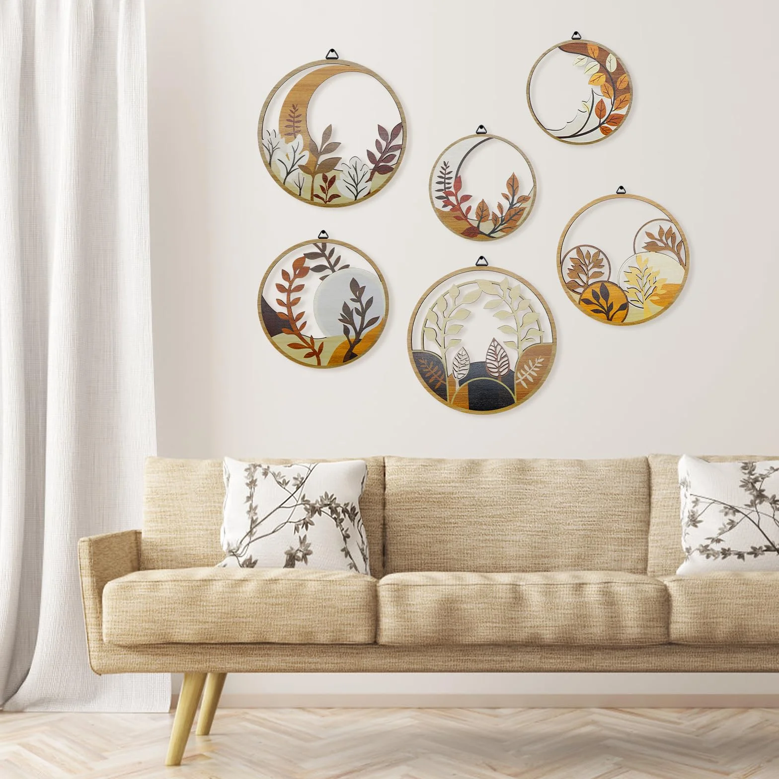 WATUNID 6 sztuk drewnianych dekoracji ściennych w stylu boho do salonu, okrągła, minimalistyczna dekoracja ścienna, nowoczesna dekoracja ścienna w stylu boho, do sypialni, rustykalna dekoracja do domu