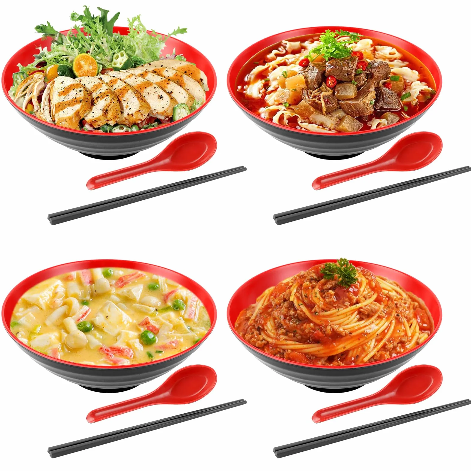 4-częściowy zestaw misek do ramenu, miska z łyżeczką i pałeczkami, miska do ramen 1000 ml, zestaw misek do ramenu Buldak, makaron udon, chiński makaron, ramen Nissin (czerwony)