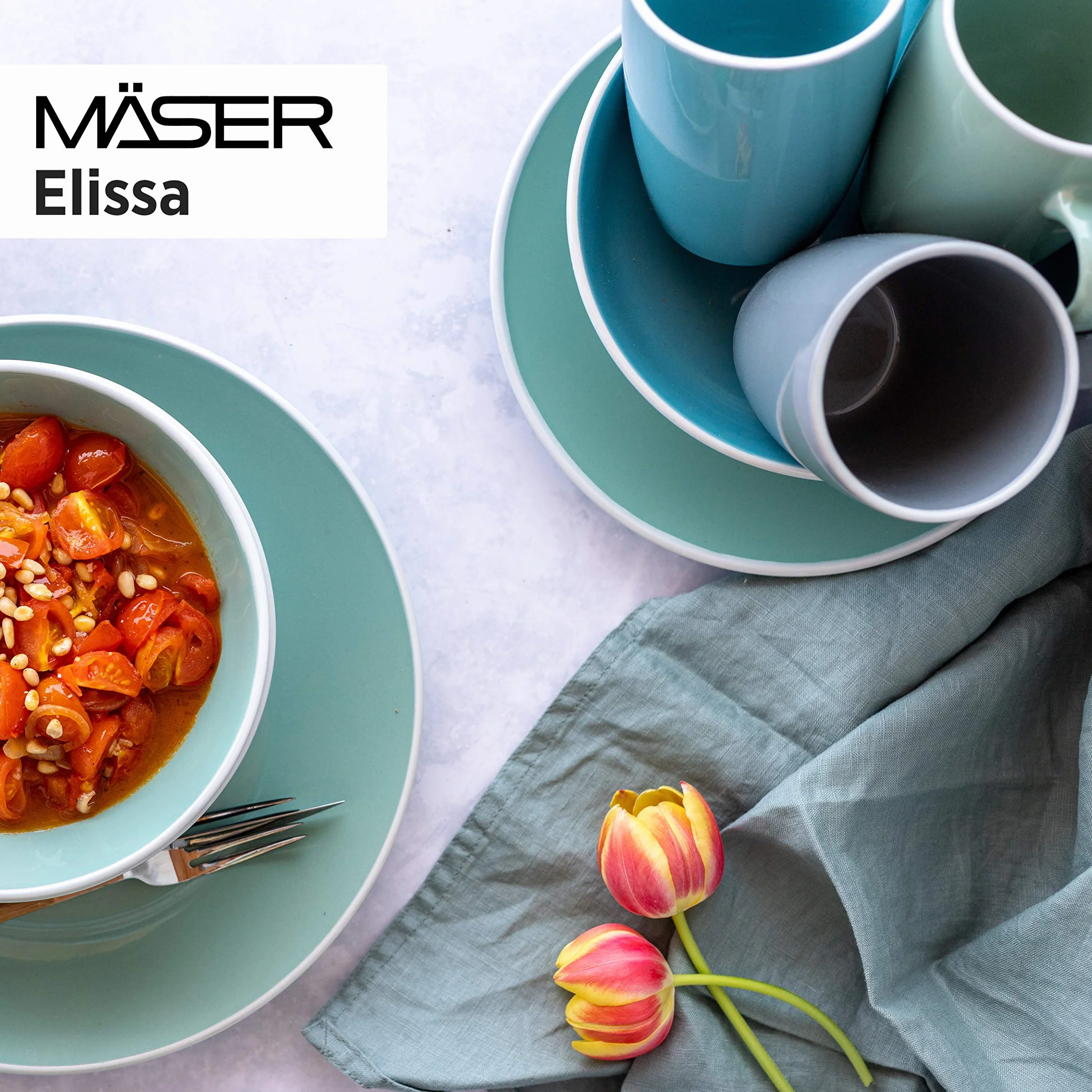 MÄSER 931845 seria Elissa nowoczesny zestaw naczyń dla 6 osób w kolorze zielonym z białą krawędzią, 24-częściowy serwis łączony, kamionka