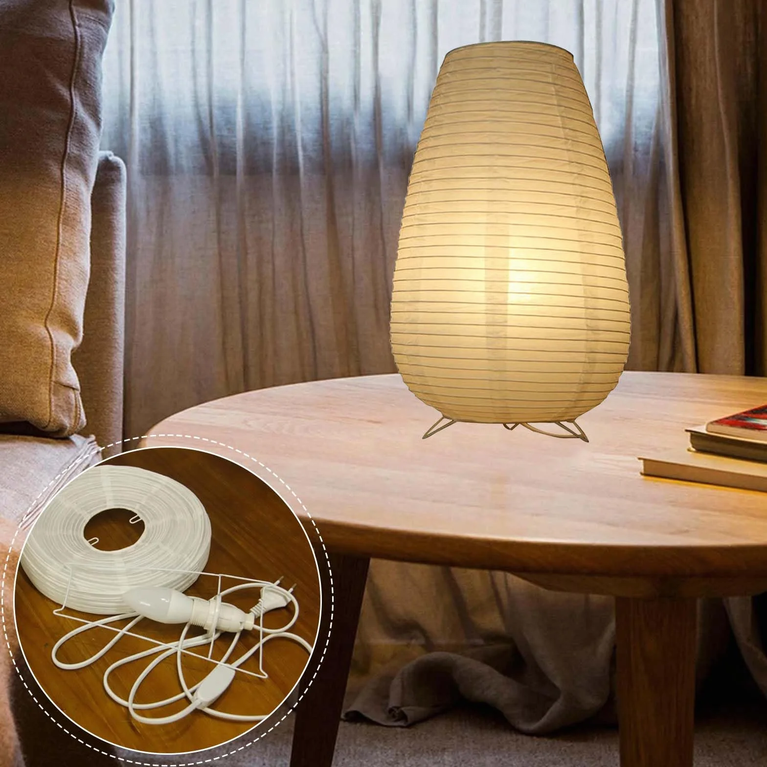 Klosz lampy z papieru ryżowego, papierowa lampa stołowa, biała, lampka nocna, lampa stojąca, lampa stołowa, abażur z oprawką E14, przełącznik i żarówka, okrągła lampa wisząca, kabel 1,8 m, wys. 33 cm