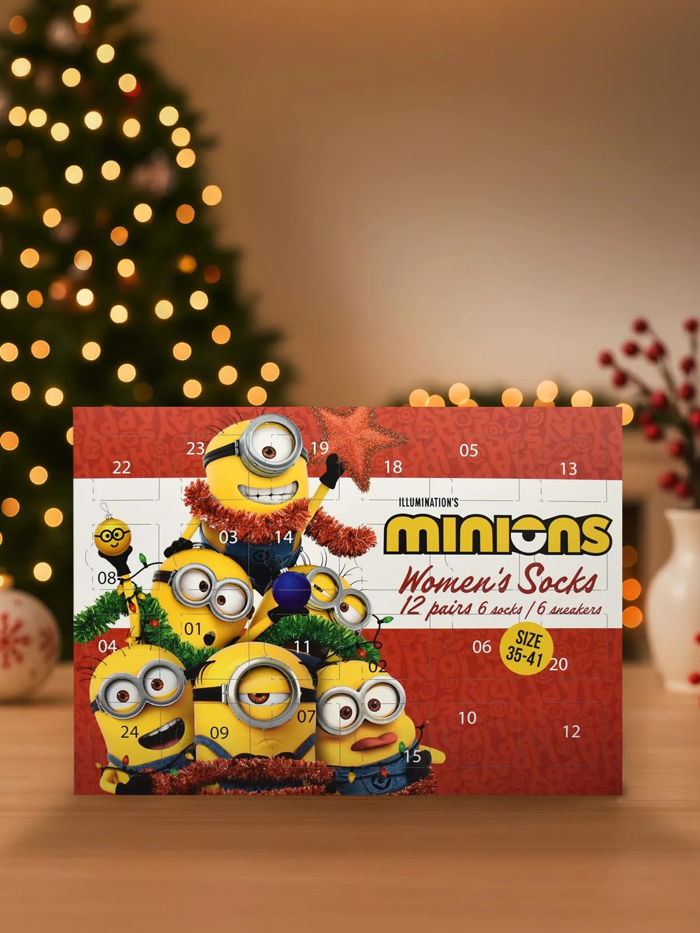 United Labels Kalendarz adwentowy Minions z 12 parami skarpet dla kobiet, rozmiar 35-41, kalendarz z trampkami i długimi skarpetami, prezent świąteczny