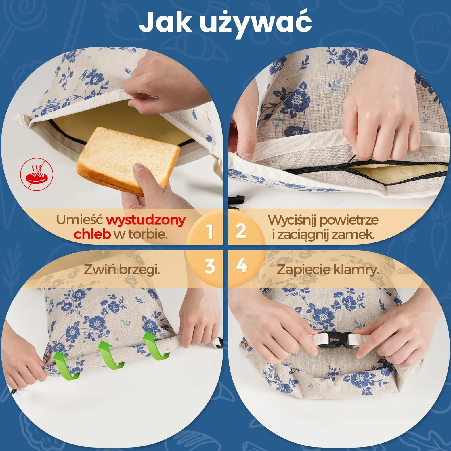 YARRAMATE lniane worki na chleb z wosku pszczelego niebieski kwiatowy zamek błyskawiczny do zamrażania wielokrotnego użytku