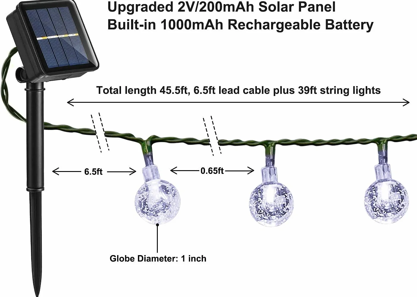 Solarne lampy ogrodowe na zewnątrz, 10 m, 60 diod LED, solarne łańcuchy świetlne, wodoodporne, zasilane energią słoneczną, kryształowa kula do wewnątrz i na zewnątrz, dekoracyjne światła do ogrodu, na patio, do podwórka, na święta, imprezy, białe