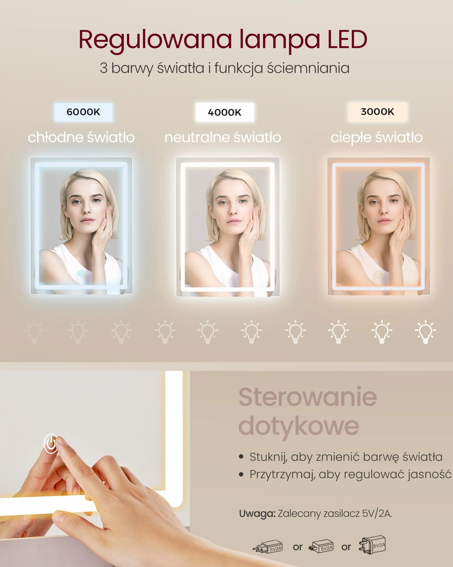 VASAGLE Kolekcja Kailyn - Toaletka z lustrem LED, 3 kolory, regulowana jasność, listwa zasilająca, stół do makijażu, duża, regulowana półka do przechowywania, 2 szuflady, nowoczesna, biała RDT143WB01