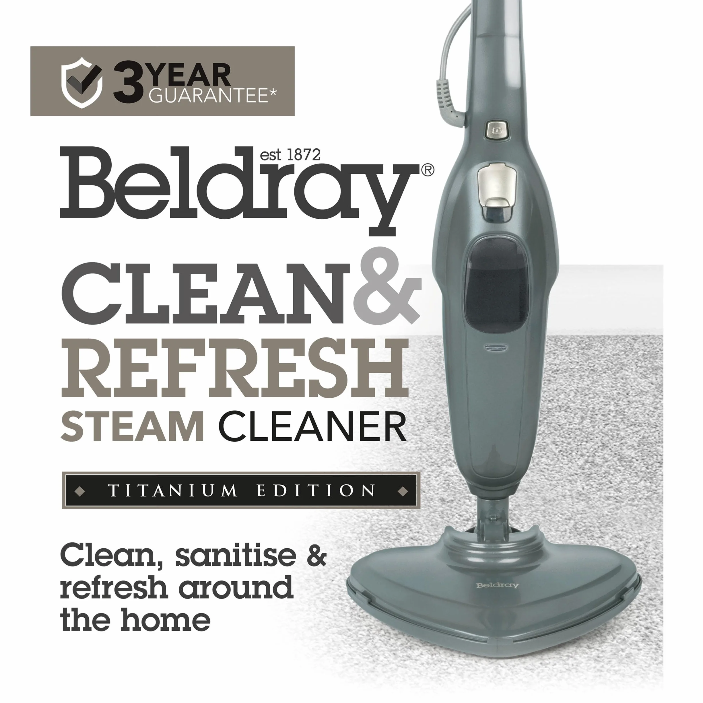 Beldray Clean & Refresh Myjka Parowa, Mop Parowy, Czyszczenie Bez Chemii, Głowica do Rogów, Szybkie Nagrzewanie, Zbiornik 350 ml, Dywan, Laminat, Drewno, Plytki, 1300W
