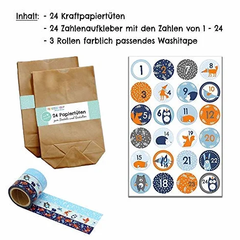 Papierdrachen Kalendarz adwentowy z taśmą Washi – do samodzielnego wykonania i napełniania – taśma ze zwierzętami leśnymi – z 24 naklejkami z cyframi i papierowymi torebkami – zestaw 32