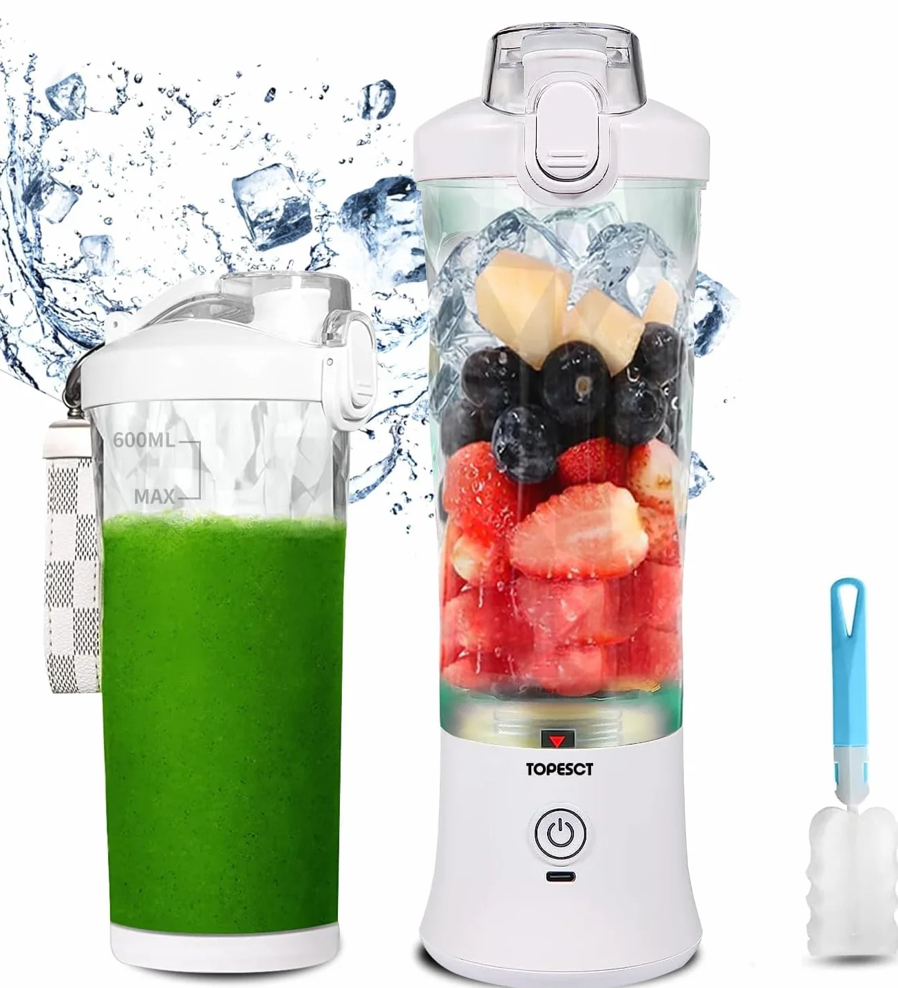 TOPESCT przenośny blender do ładowania, 600 ml, wodoodporny osobisty blender do koktajli i smoothie, duża moc cięcia 270 W z 6 ostrzami 3D do podróży, biura i sportu (biały)