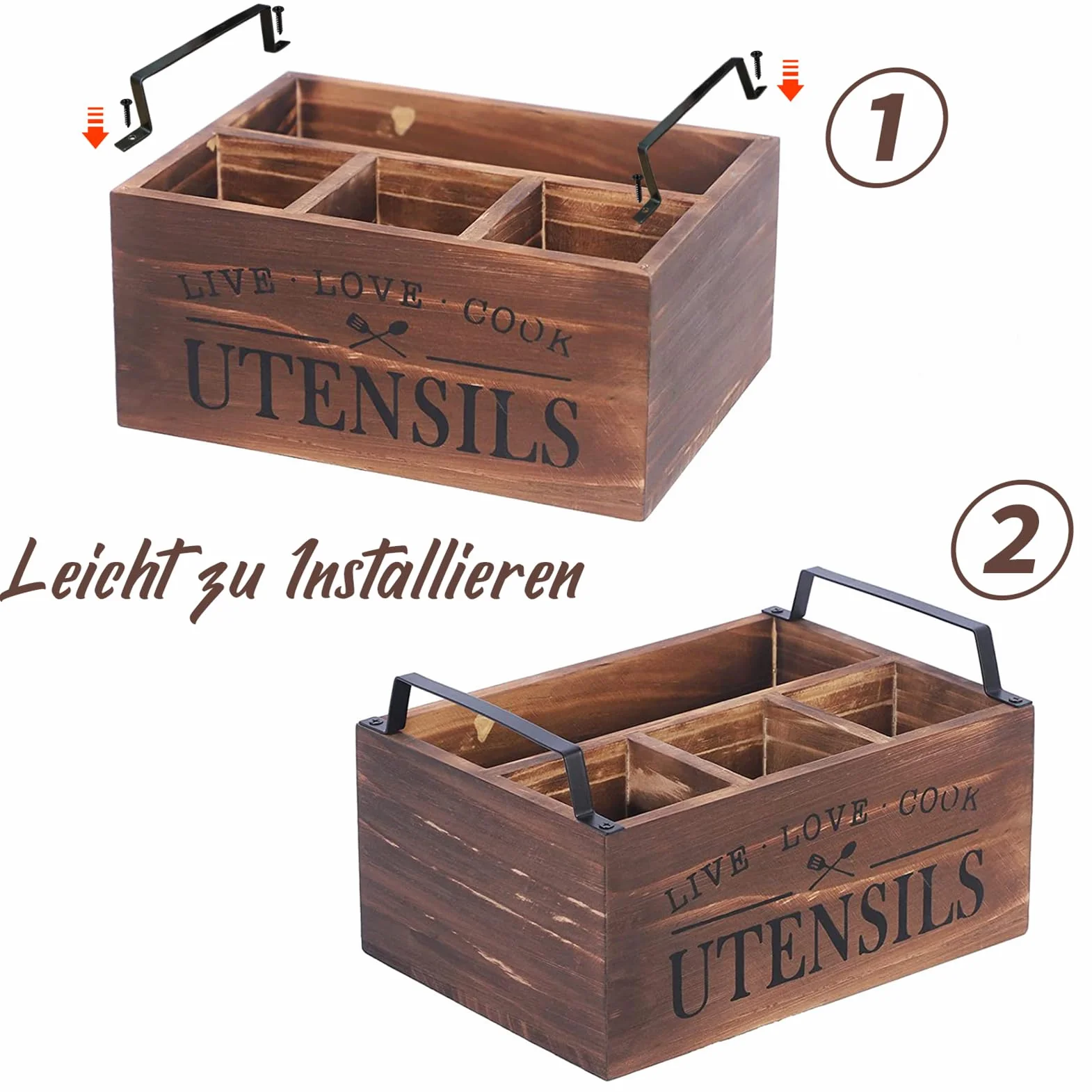 Uchwyt na przybory kuchenne z drewna, dno drenażowe, 4 półki, z litego drewna, organizer na przybory kuchenne, 2 boczne uchwyty do łatwego przemieszczania