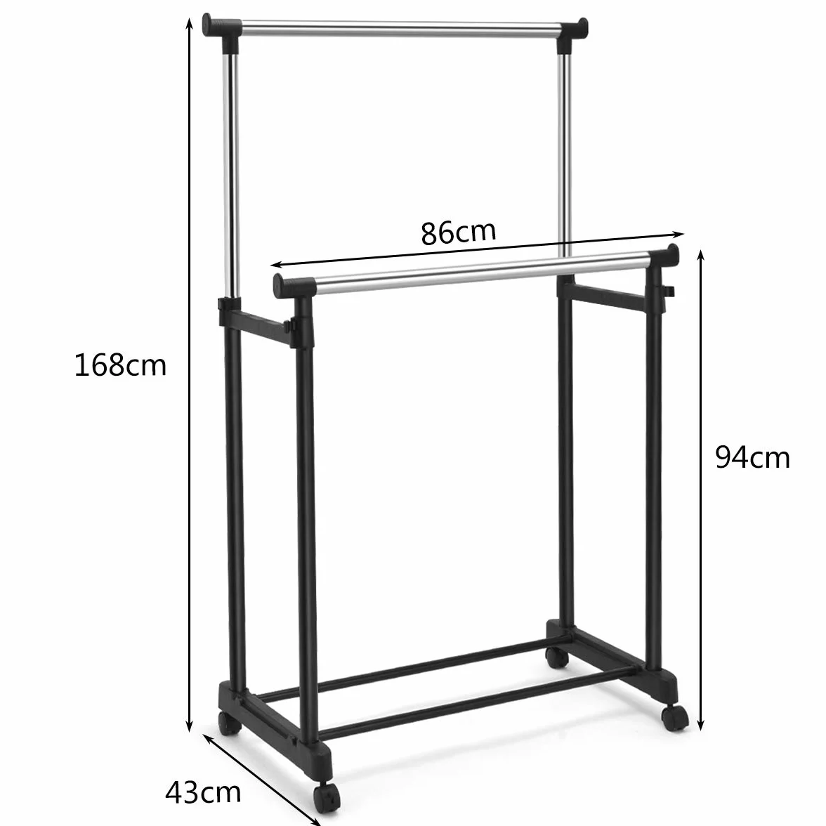 COSTWAY Wieszak na ubrania z 2 drążkami regulacja wysokości stojak na kółkach 86x43x94-168 cm czarny