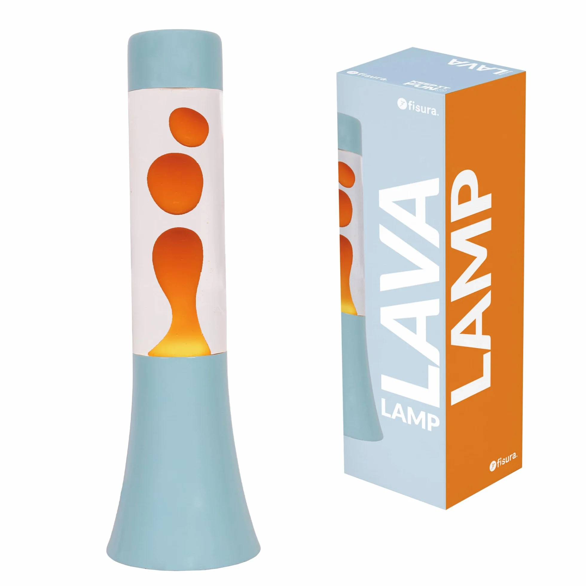 Fisura – Lampa lawa zielona 30 cm, lampa lawa relaksacyjna w stylu retro do domu, lampka dekoracyjna z niebieską podstawą i pomarańczowym płynem, oryginalny pomysł na prezent, 9 x 9 x 30 cm