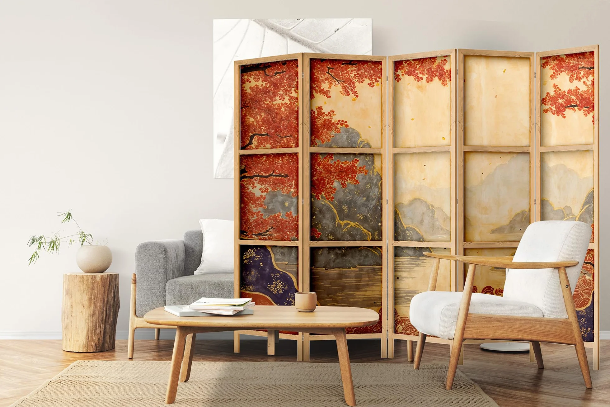 Parawan parawan z drewna 225 x 172 cm, 5-częściowy, jednostronny, w orientalnym stylu