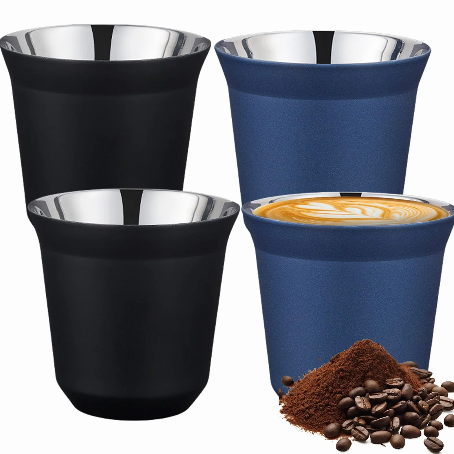 Zestaw 4 filiżanek do espresso ze stali nierdzewnej, 80 ml, grube ścianki, filiżanki do espresso 2 kolory do Mood, zestaw filiżanek espresso ze stali nierdzewnej małe filiżanki