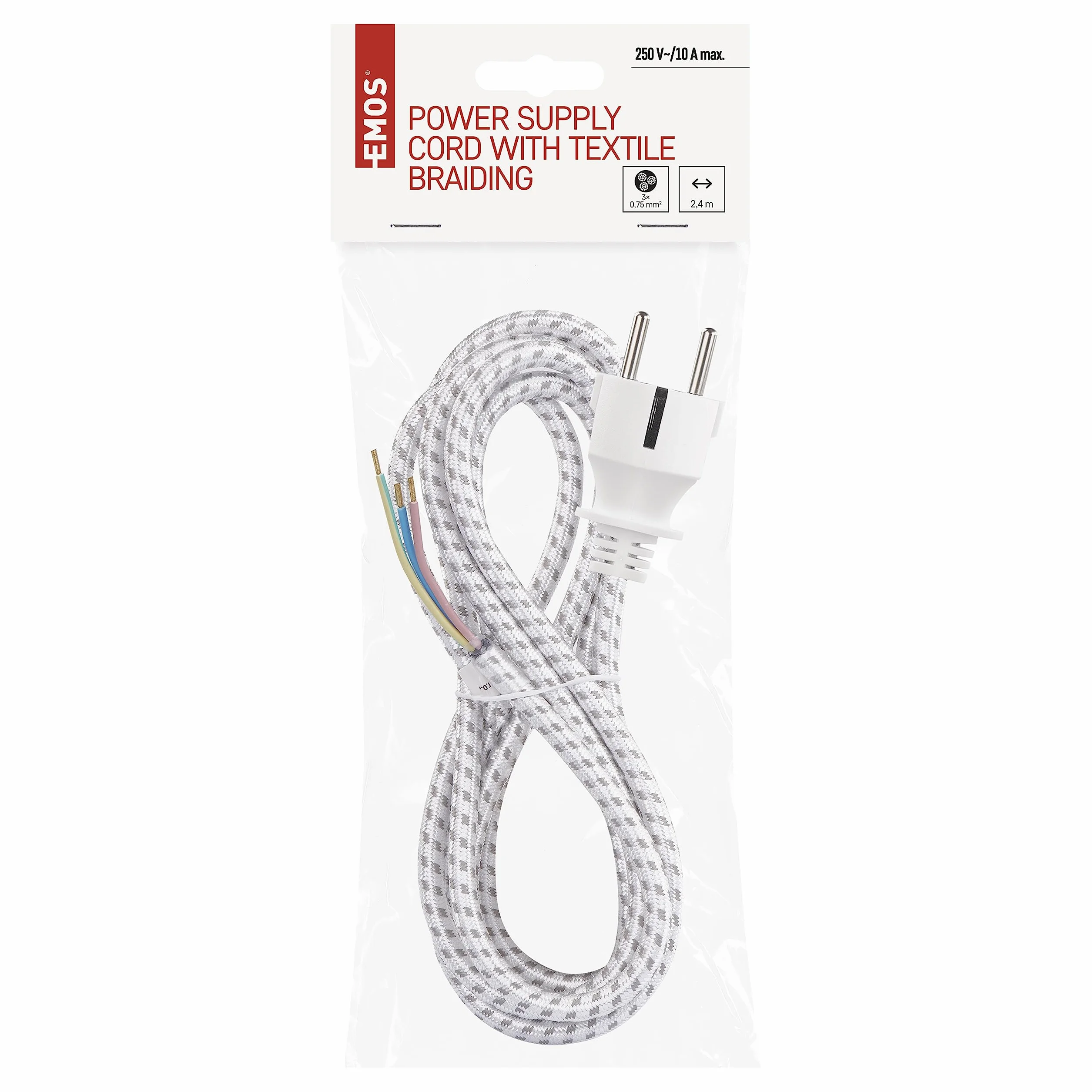 EMOS S0003 kabel przyłączeniowy do żelazka, 1 x 2,4 m/kabel zasilający/kabel przyłączeniowy/kabel do żelazka w oplocie biały/szary/3 x 0,75 mm/H05RR-F