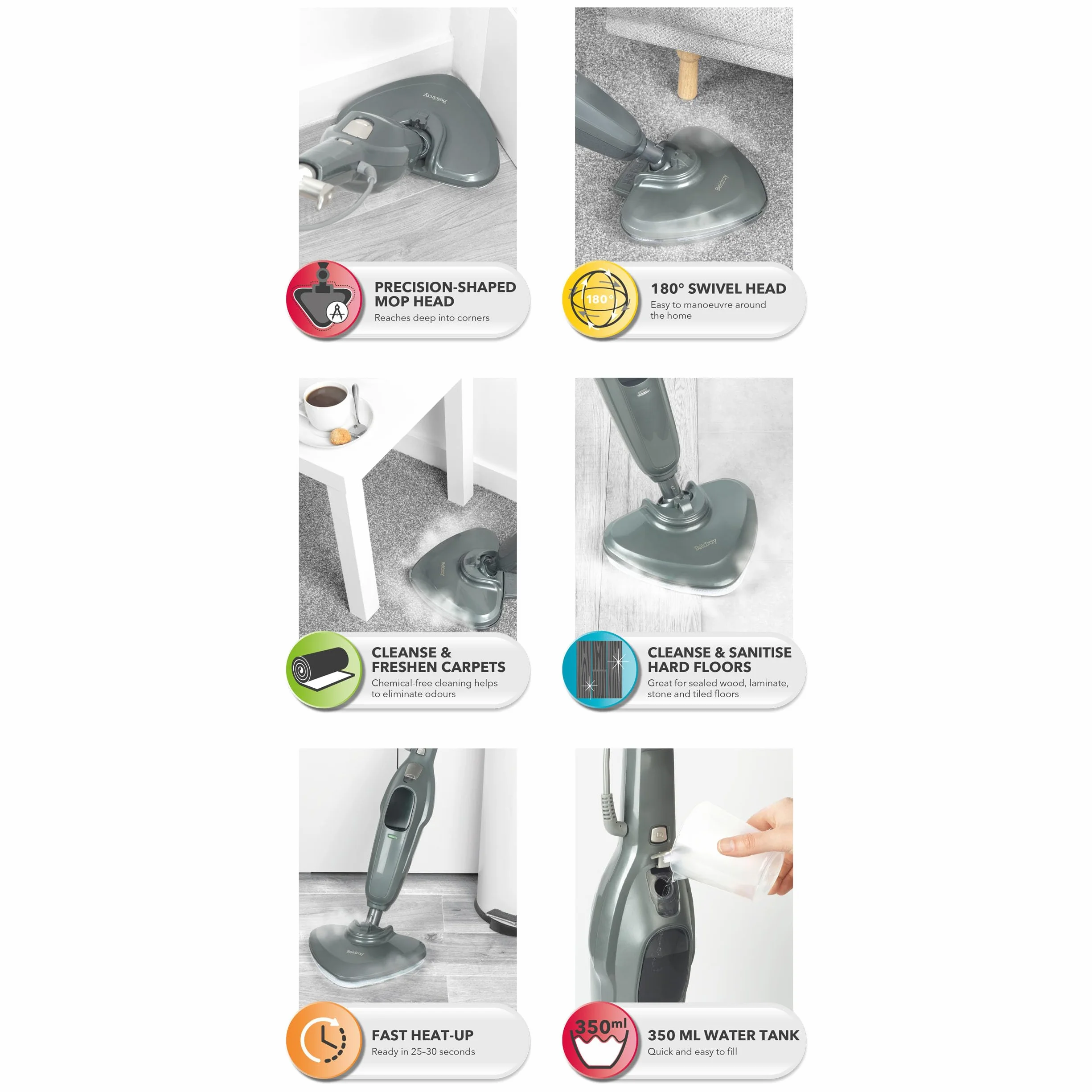 Beldray Clean & Refresh Myjka Parowa, Mop Parowy, Czyszczenie Bez Chemii, Głowica do Rogów, Szybkie Nagrzewanie, Zbiornik 350 ml, Dywan, Laminat, Drewno, Plytki, 1300W