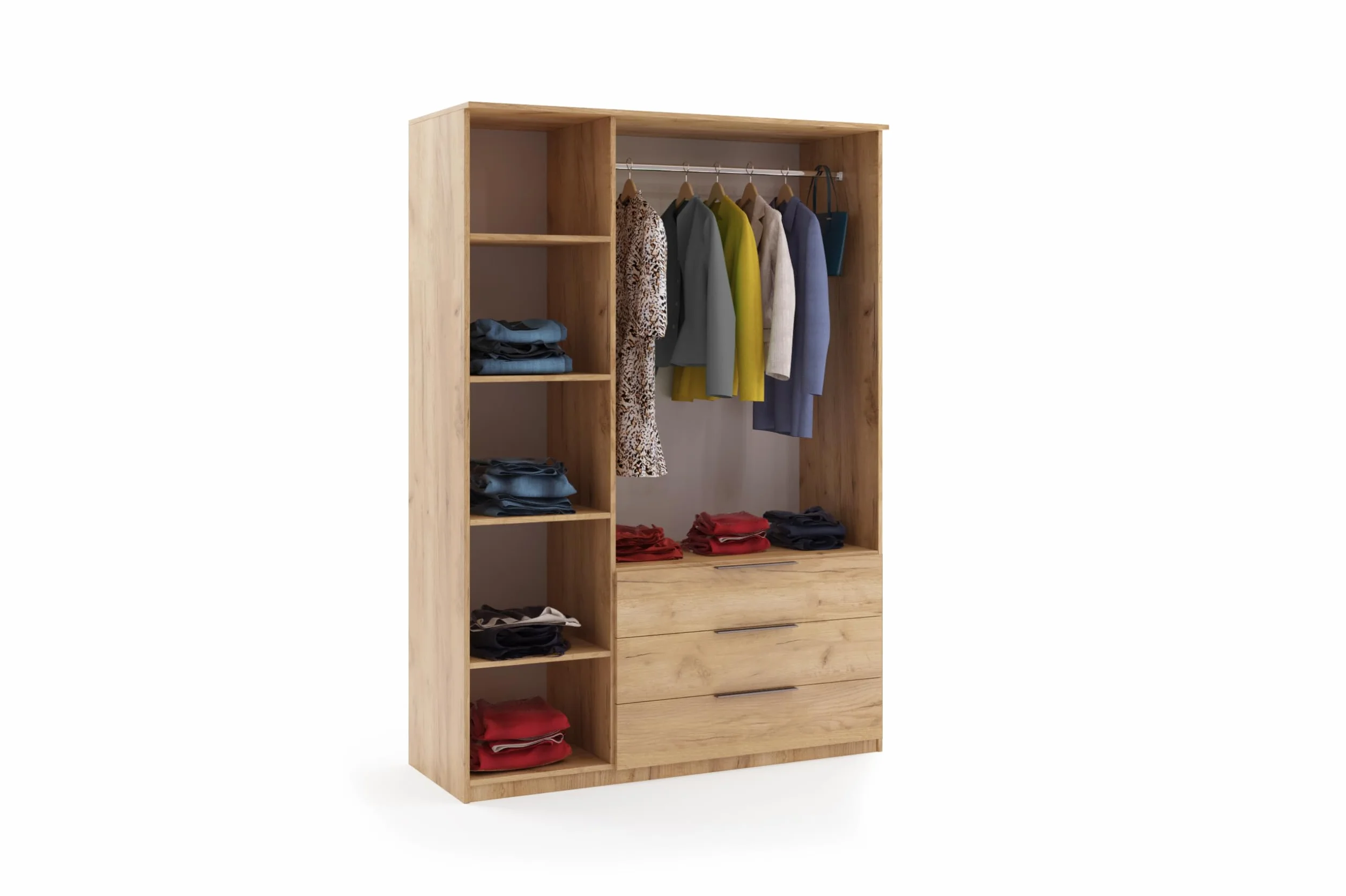 B&M Furniture Szafa z drzwiami uchylnymi, szufladami i lustrem - z półkami i drążkiem na ubrania - do garderoby, przedpokoju, sypialni – dąb kraft gold - 150 cm, wysokość 215 cm