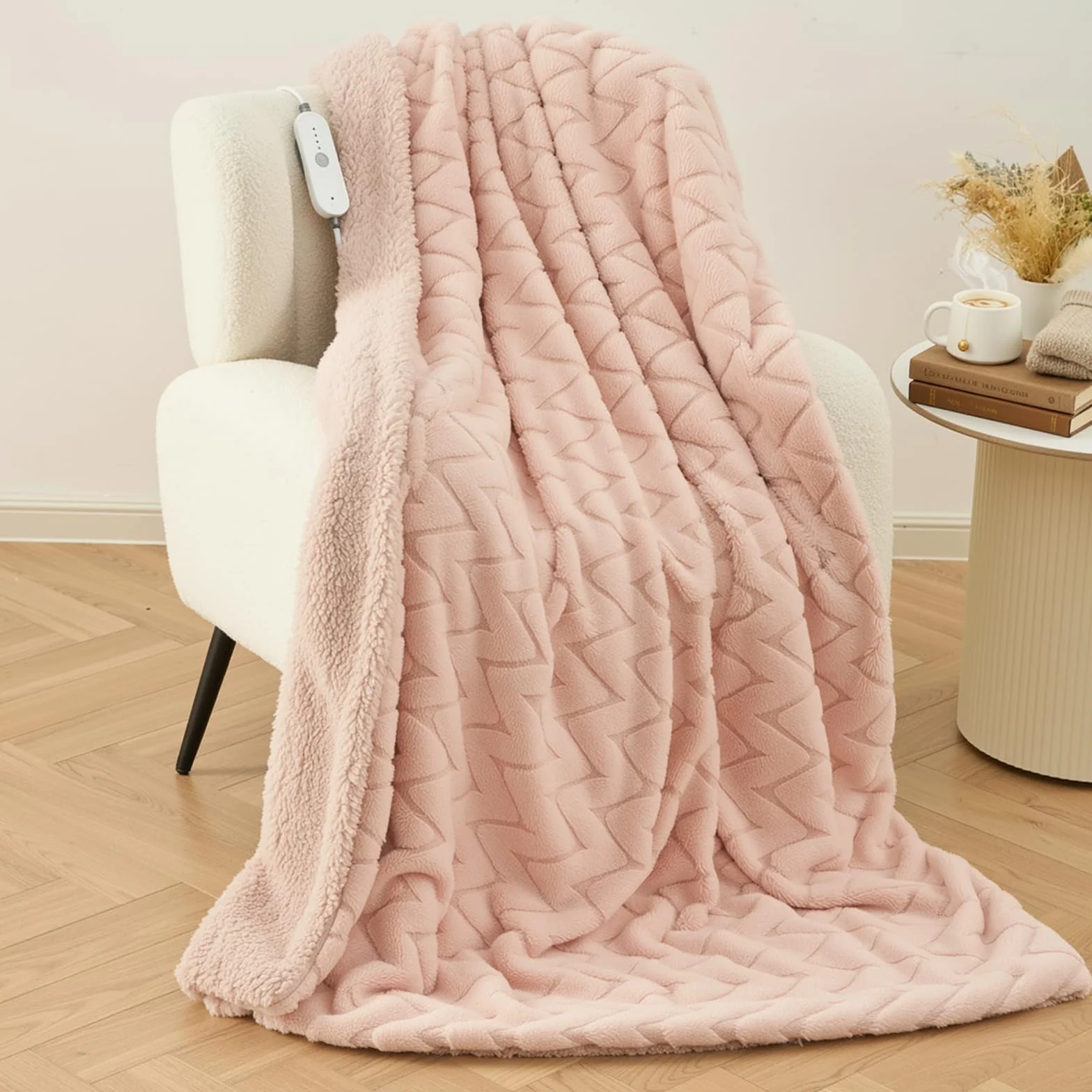 Elektryczny Koc Grzewczy 130x180 cm, Miękki Polar Króliczy i Sherpa, 4 Poziomy Temperatury i Automatyczne Wyłączanie 10H, Nadający się do Prania, Ogrzewanie Całego Ciała, na Sofę Łóżko Biuro (Różowy)