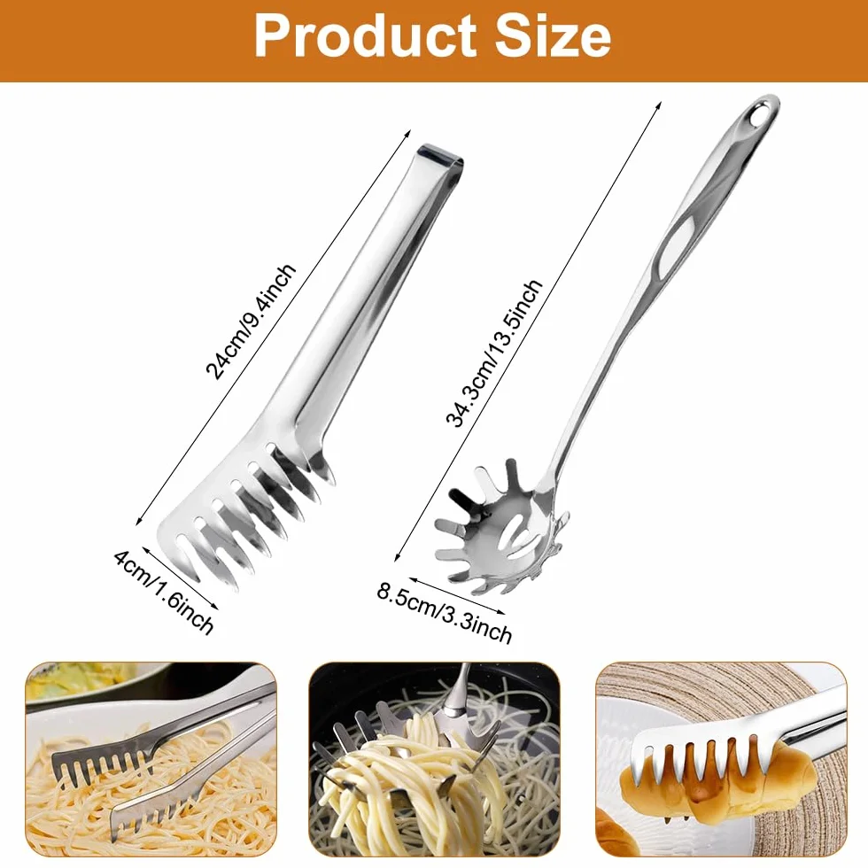 2 sztuki łyżek do spaghetti i szczypce do makaronu ze stali nierdzewnej z ząbkami i ergonomicznym uchwytem, łyżka do makaronu Hängba, nadaje się do mycia w zmywarce, łyżeczki do makaronu do pieczenia