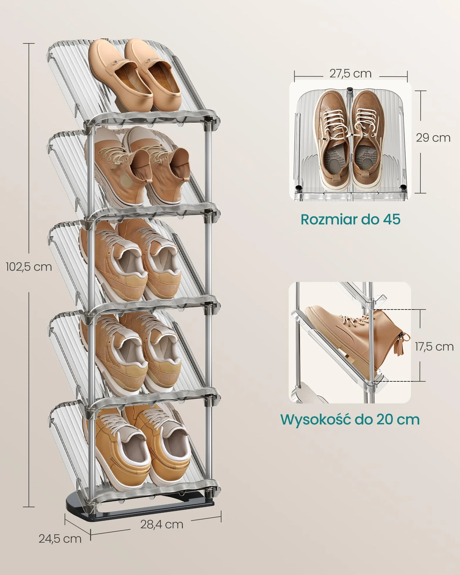 SONGMICS Półka na buty 5 poziomów zestaw 2 szt. skośna organizer plastik 24,5x28,4x102,5 cm szary