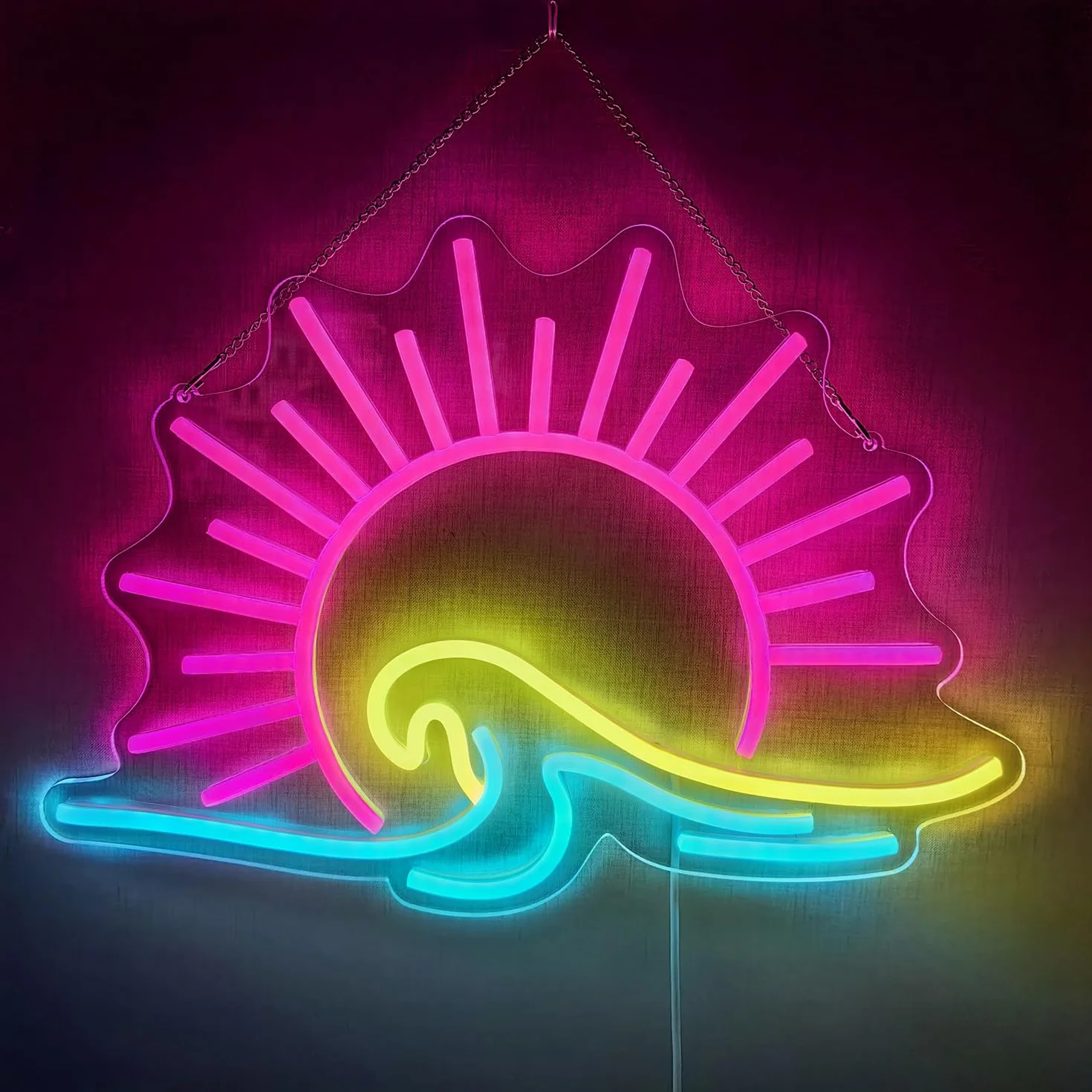 Neonowy znak wschodu słońca z falą 43 x 25 cm z przyciemnianym kontrolerem, neonowe światło LED z motywem fal morskich Anime, do jaskini mężczyzny, sypialni, na wesele, do baru, na imprezę, do pokoju