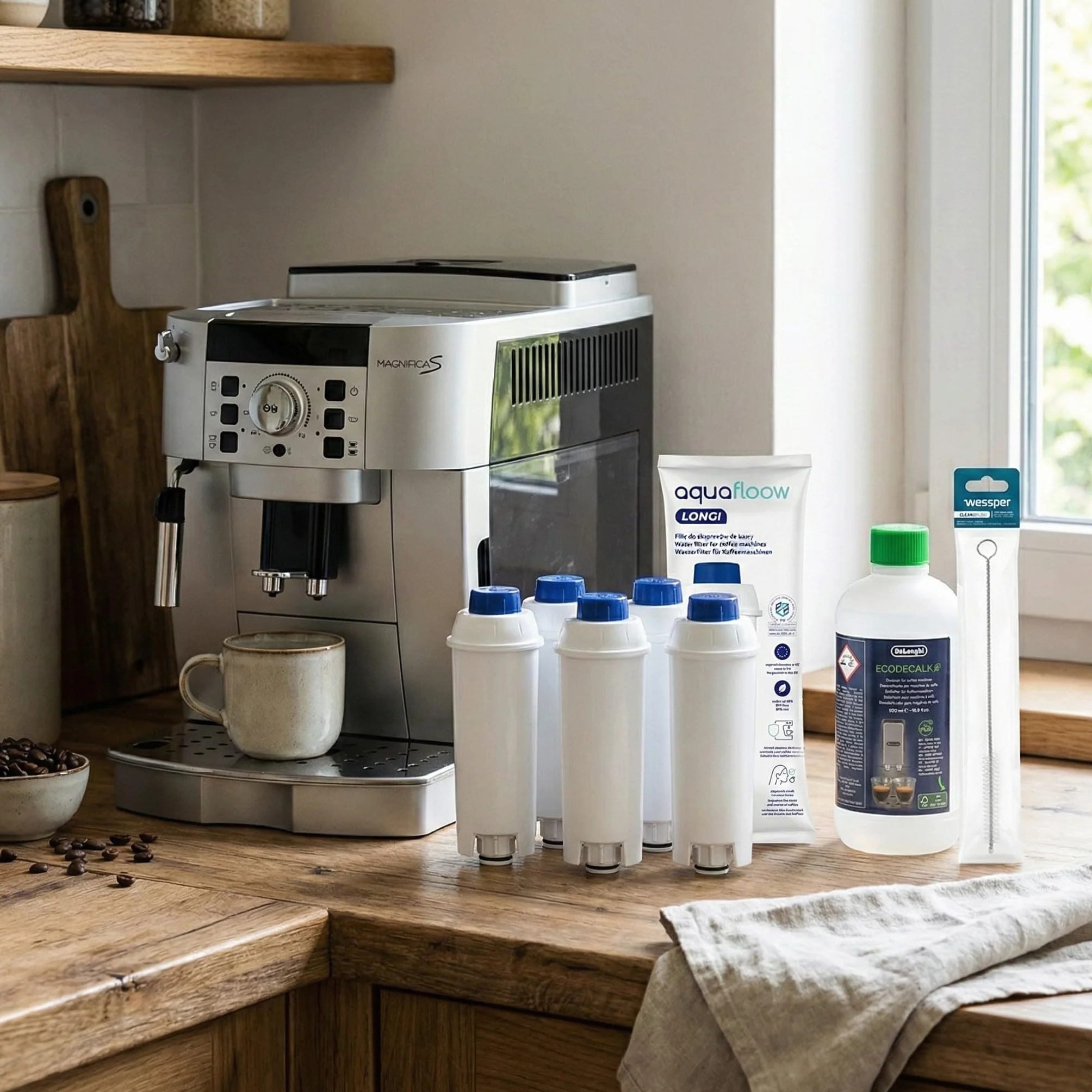 Aquafloow Filtr wody kompatybilny z DeLonghi DLSC002 i Odkamieniacz EcoDecalk 500ml Zestaw konserwacyjny do ekspresów Magnifica S Evo Dinamica