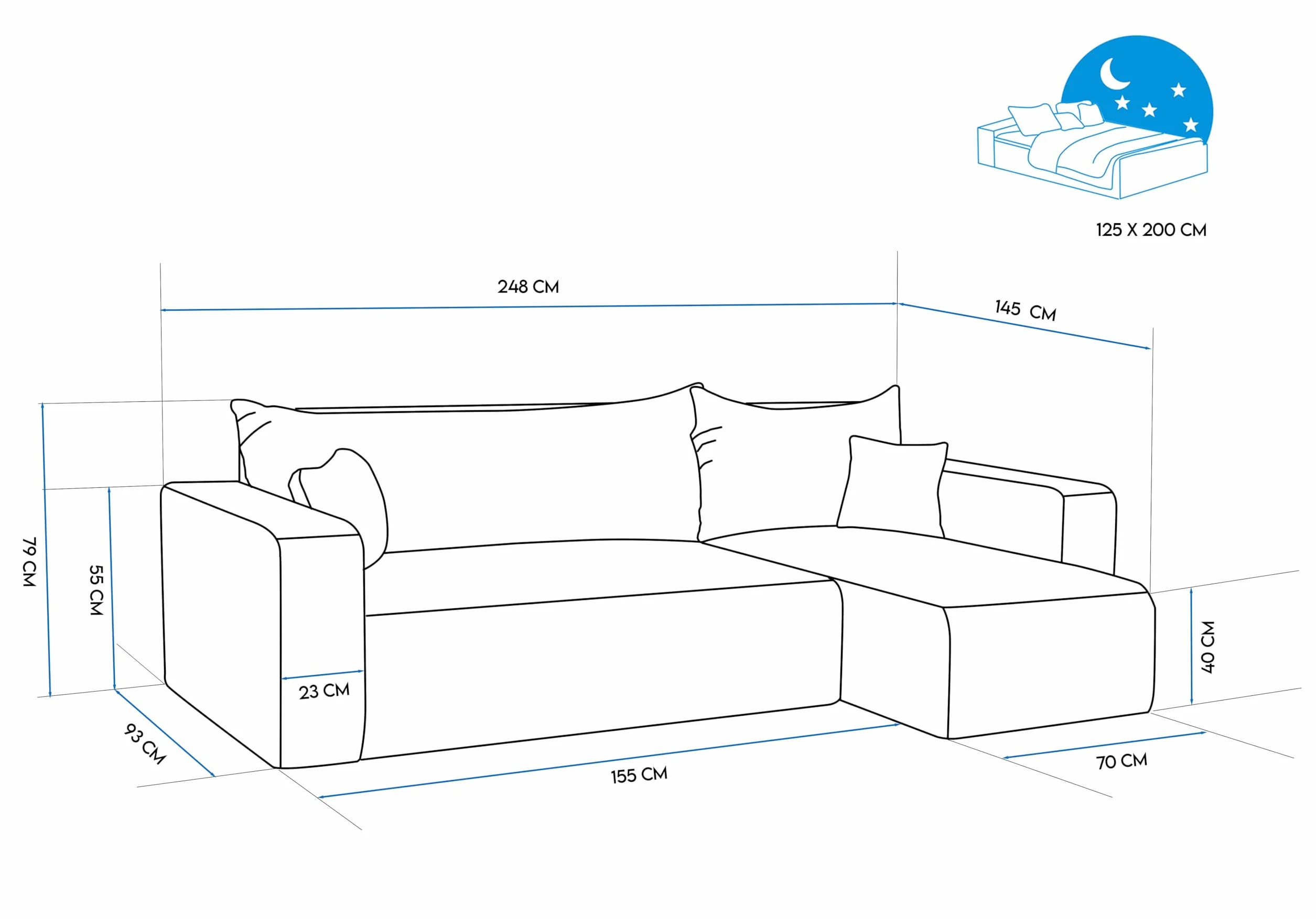GREKPOL Sofa z funkcją spania, 145 x 248 cm, 3-osobowa, narożnik ze skrzynią na pościel, sofa do spania, do salonu