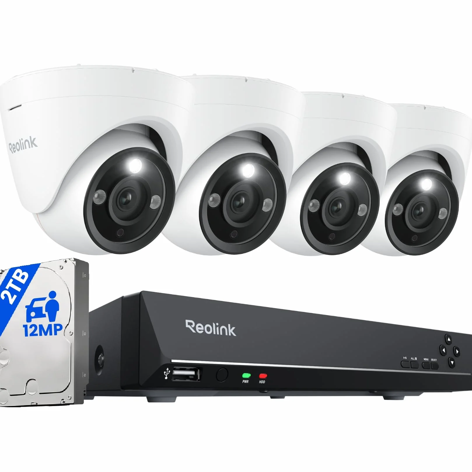 Reolink 12MP System kamer zewnętrznych PoE, H.265 8CH NVR, rejestracja ciągła 2TB HDD, Kamery bezpieczeństwa 4X Dome IP z detekcją osób/pojazdów, 2-kierunkową komunikacją, światłem, RLK8-1200D4-A