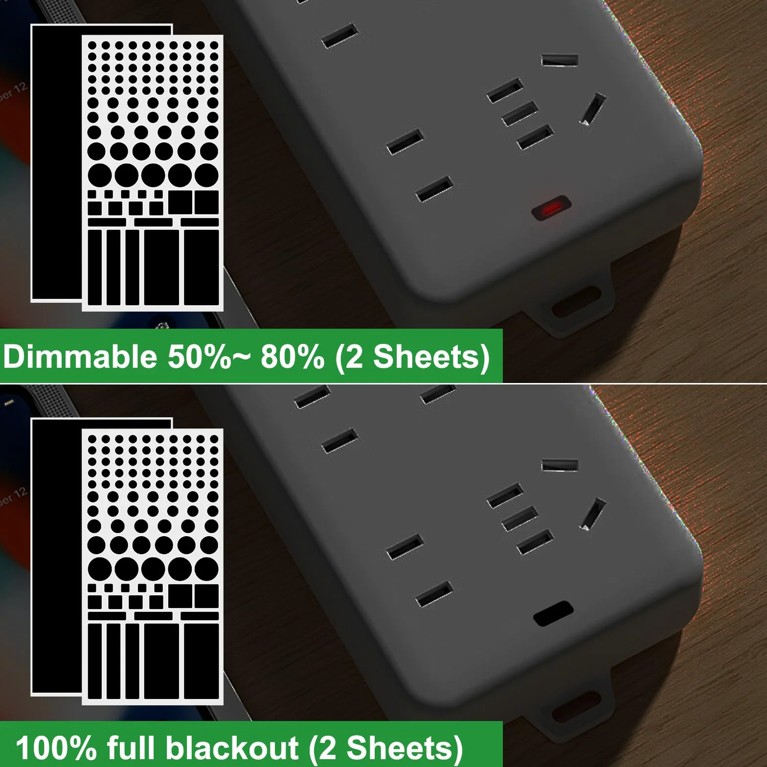 4 arkusze naklejki blokujące światło, blokowanie światła LED Blocking Blocks 50% ~ 80%/100% świateł, filtry LED Ściemnianie, naklejki na routery zegarki AGD